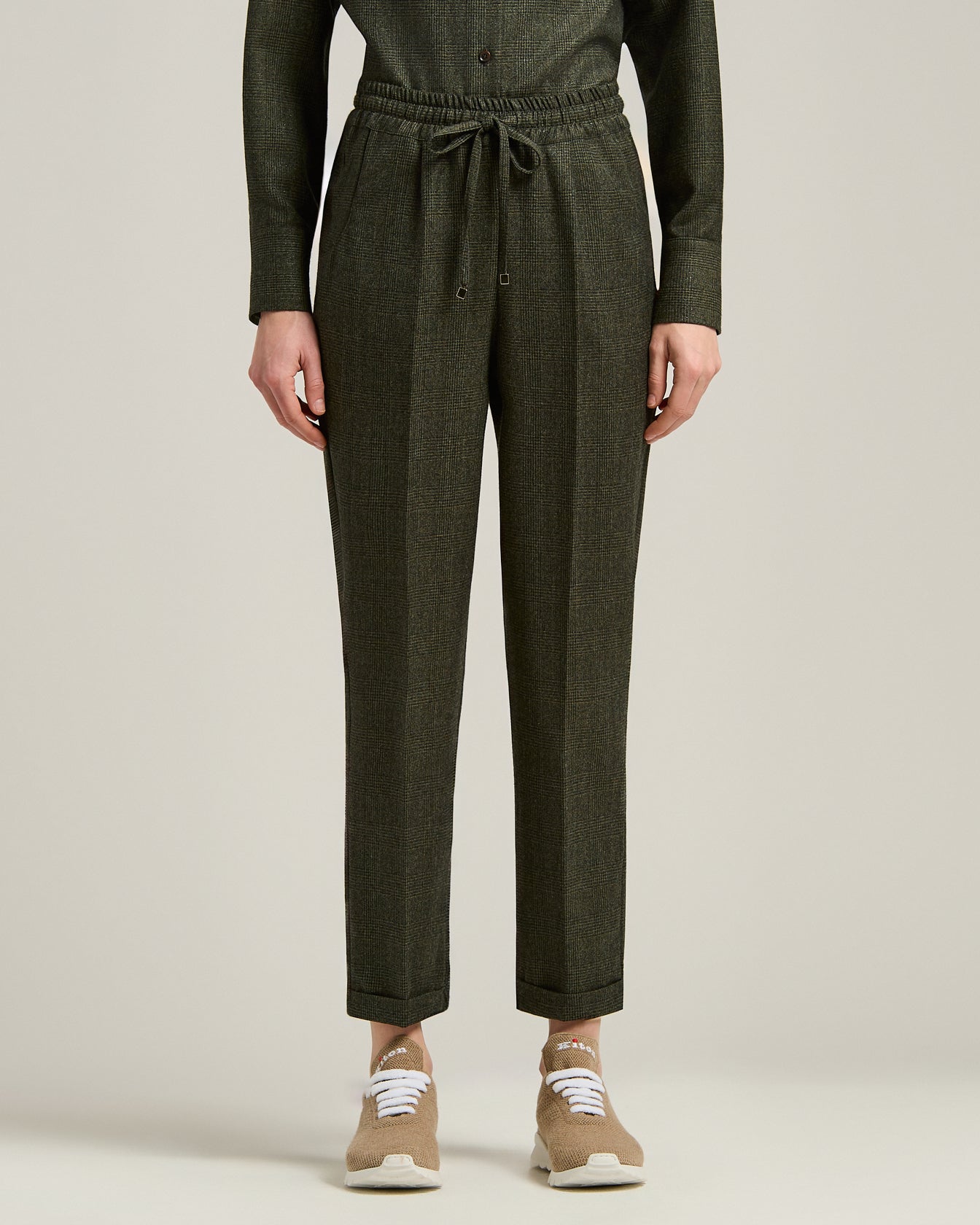 GREEN HOUNDSTOOTH WOOL TROUSERS WITH ELASTIC WAIST