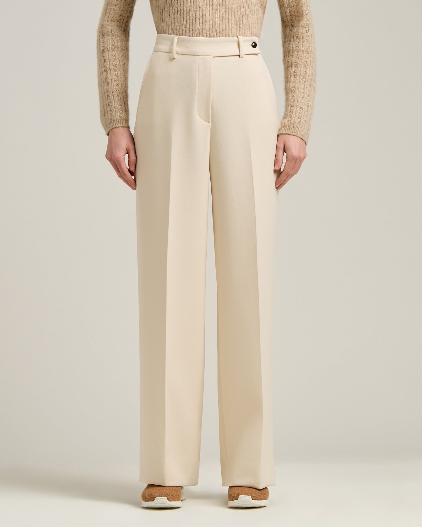 women's cream white wide-leg trousers in technical fabric
