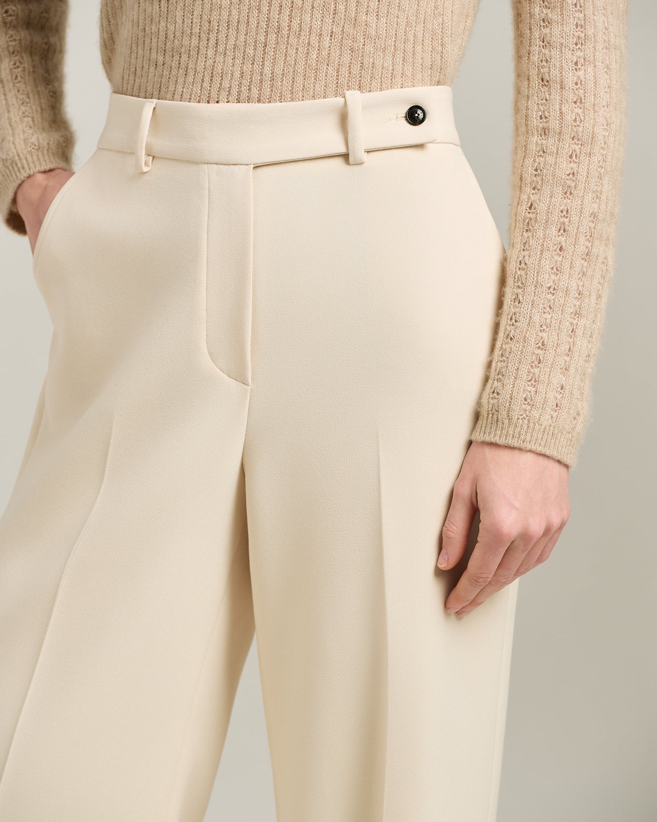 women's cream white wide-leg trousers in technical fabric