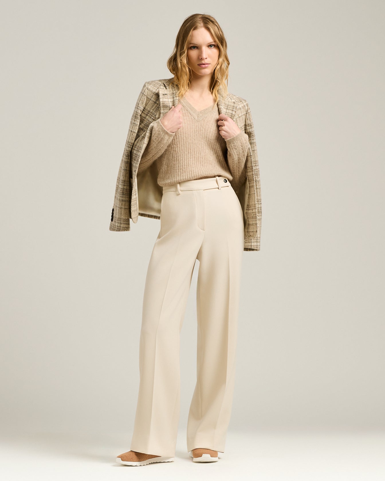 women's cream white wide-leg trousers in technical fabric