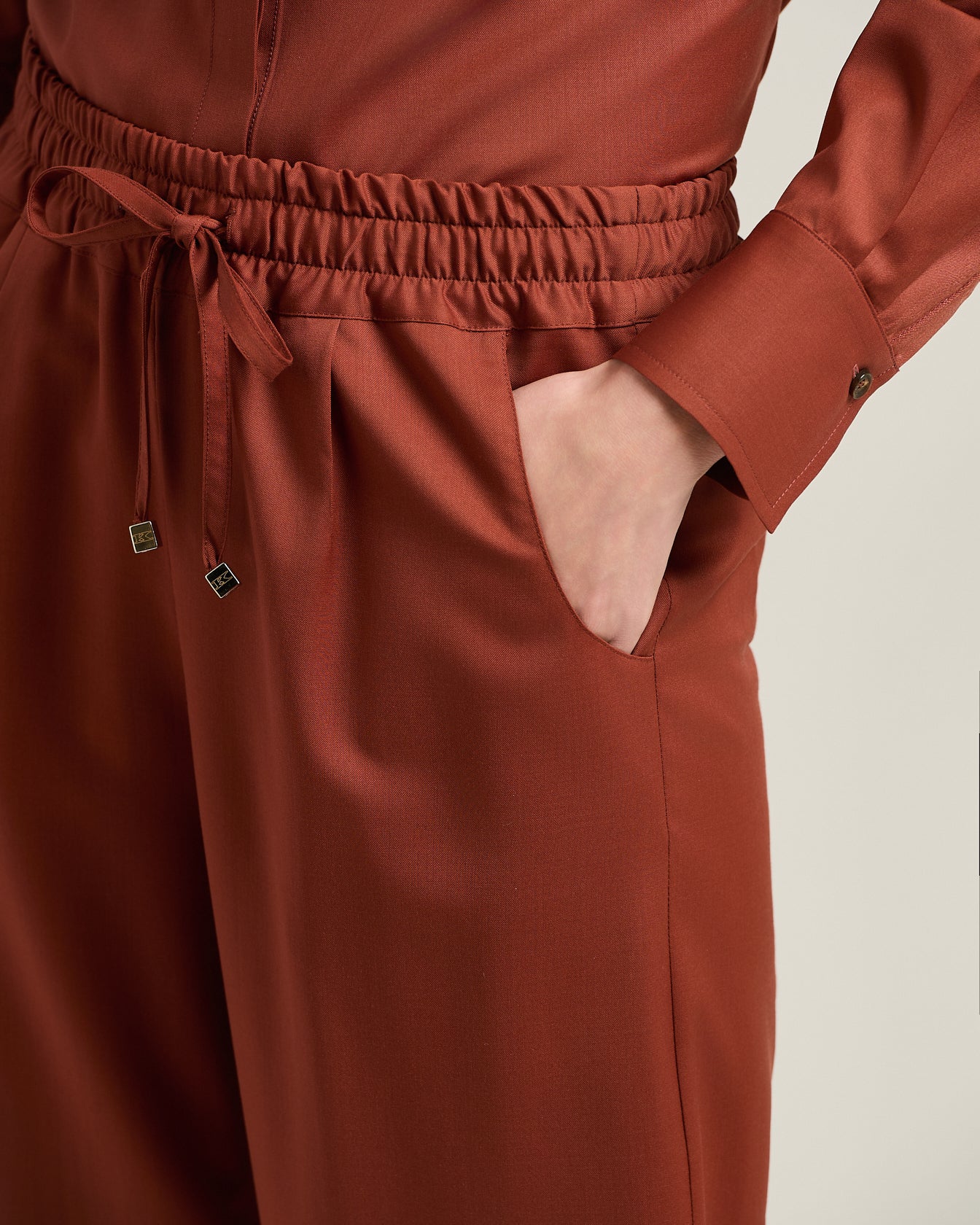 TERRACOTTA WOOL PALAZZO TROUSERS WITH ELASTIC WAIST