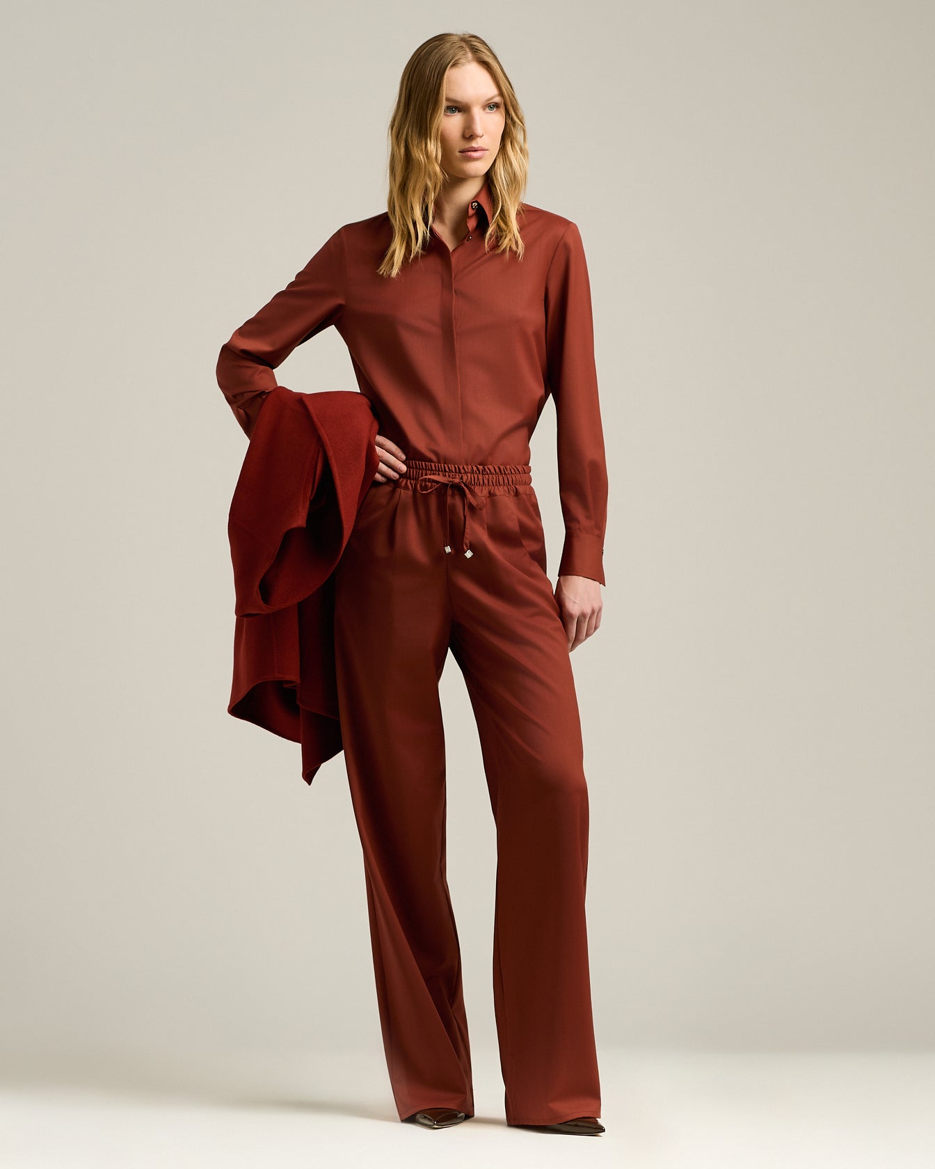 TERRACOTTA WOOL PALAZZO TROUSERS WITH ELASTIC WAIST