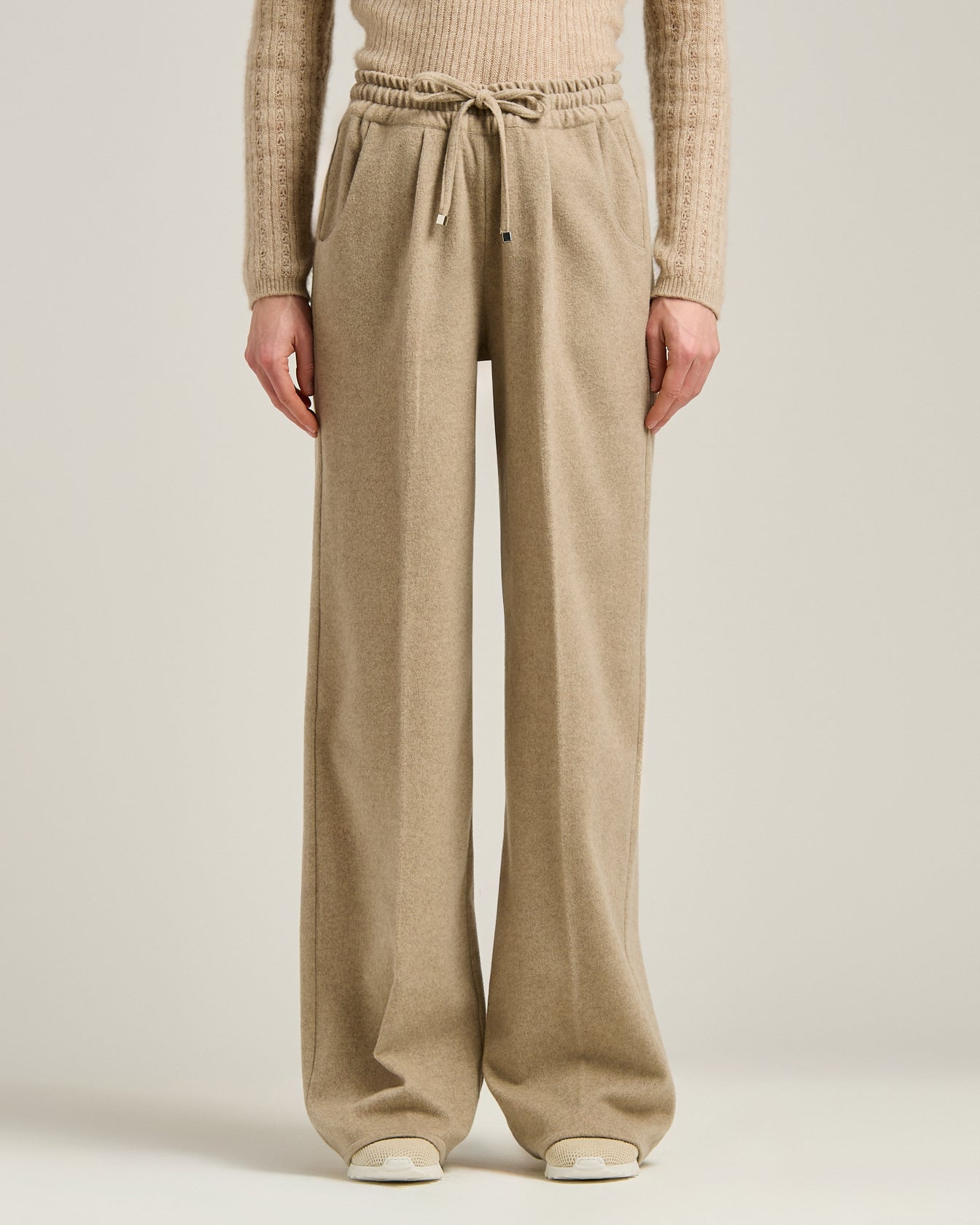 BEIGE WIDE-LEG PURE CASHMERE TROUSERS