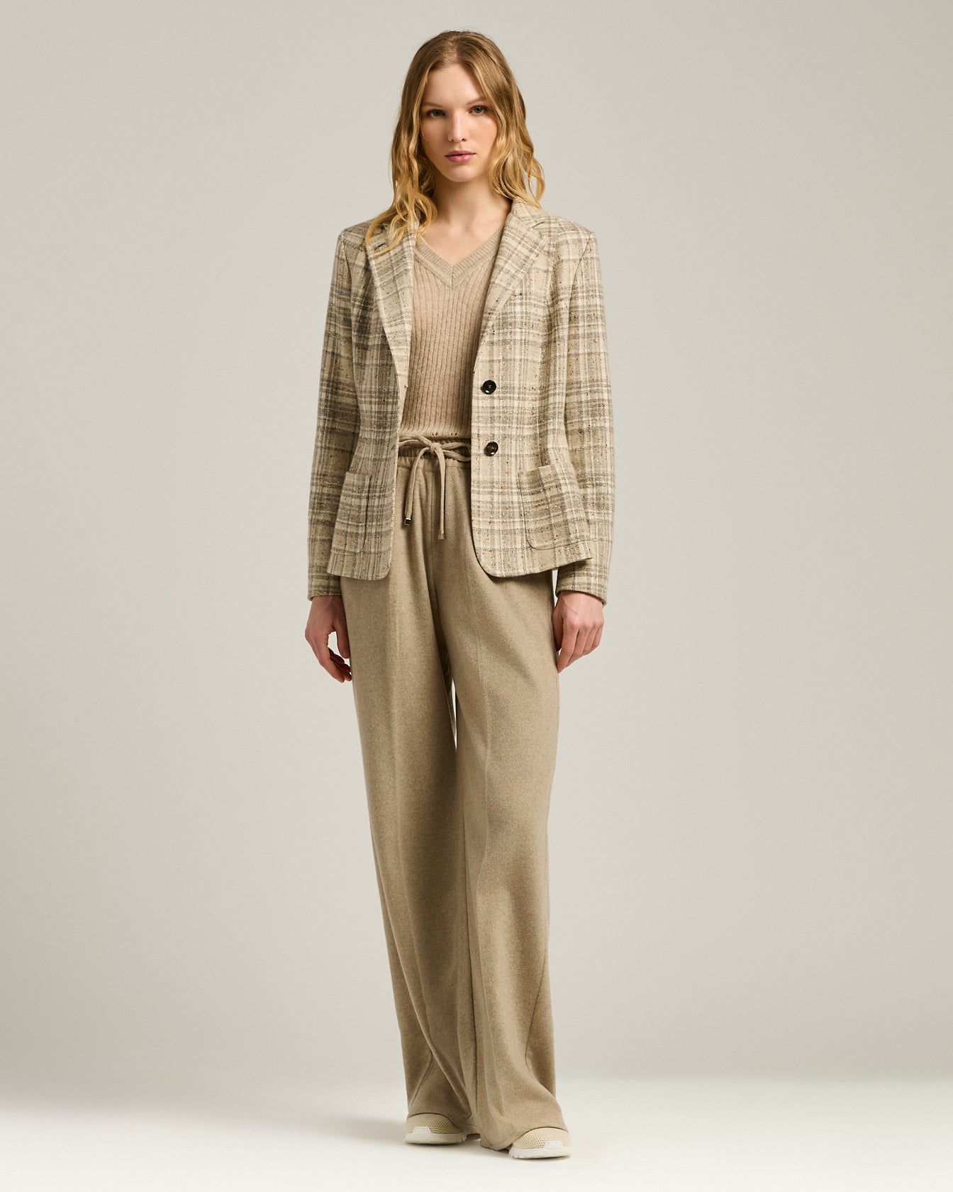 BEIGE WIDE-LEG PURE CASHMERE TROUSERS