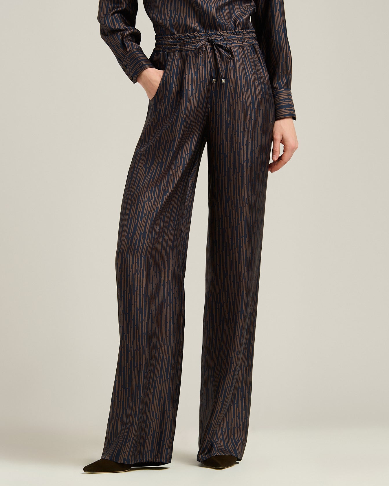 BLUE AND BROWN PRINTED SILK PALAZZO TROUSERS
