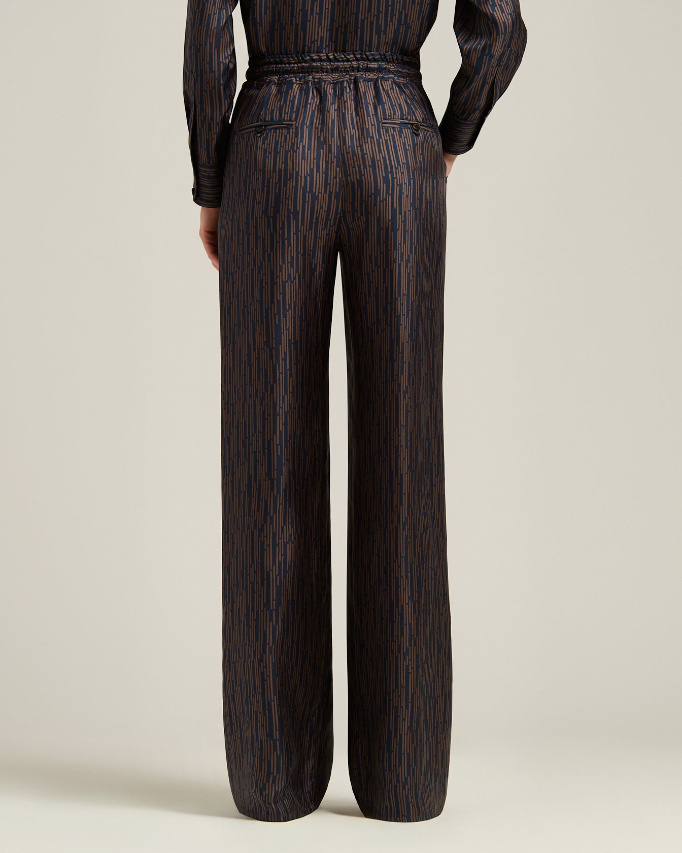 BLUE AND BROWN PRINTED SILK PALAZZO TROUSERS