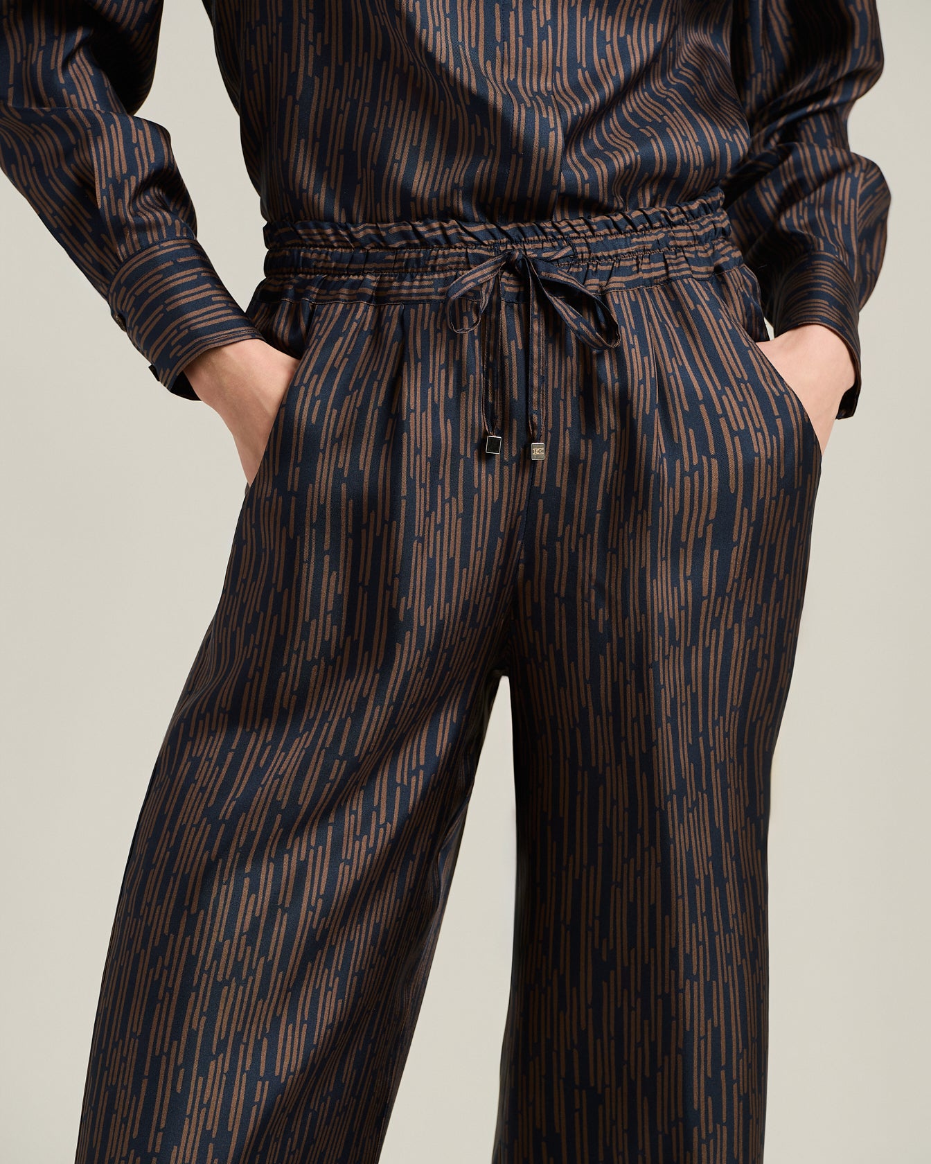 BLUE AND BROWN PRINTED SILK PALAZZO TROUSERS