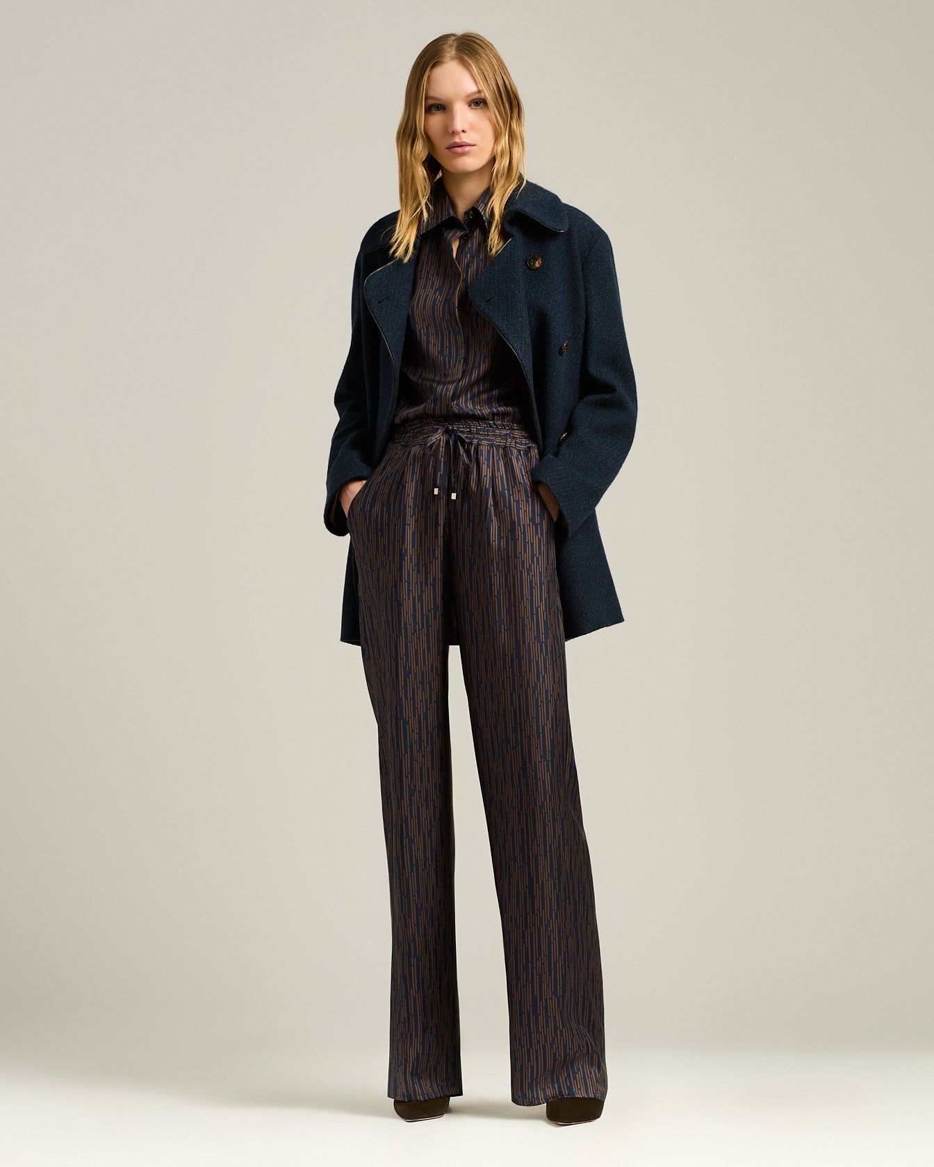 BLUE AND BROWN PRINTED SILK PALAZZO TROUSERS