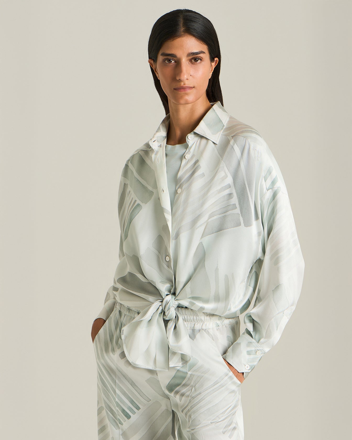 OVERSIZED SILK SHIRT WITH ETHNIC BRUSH PATTERN