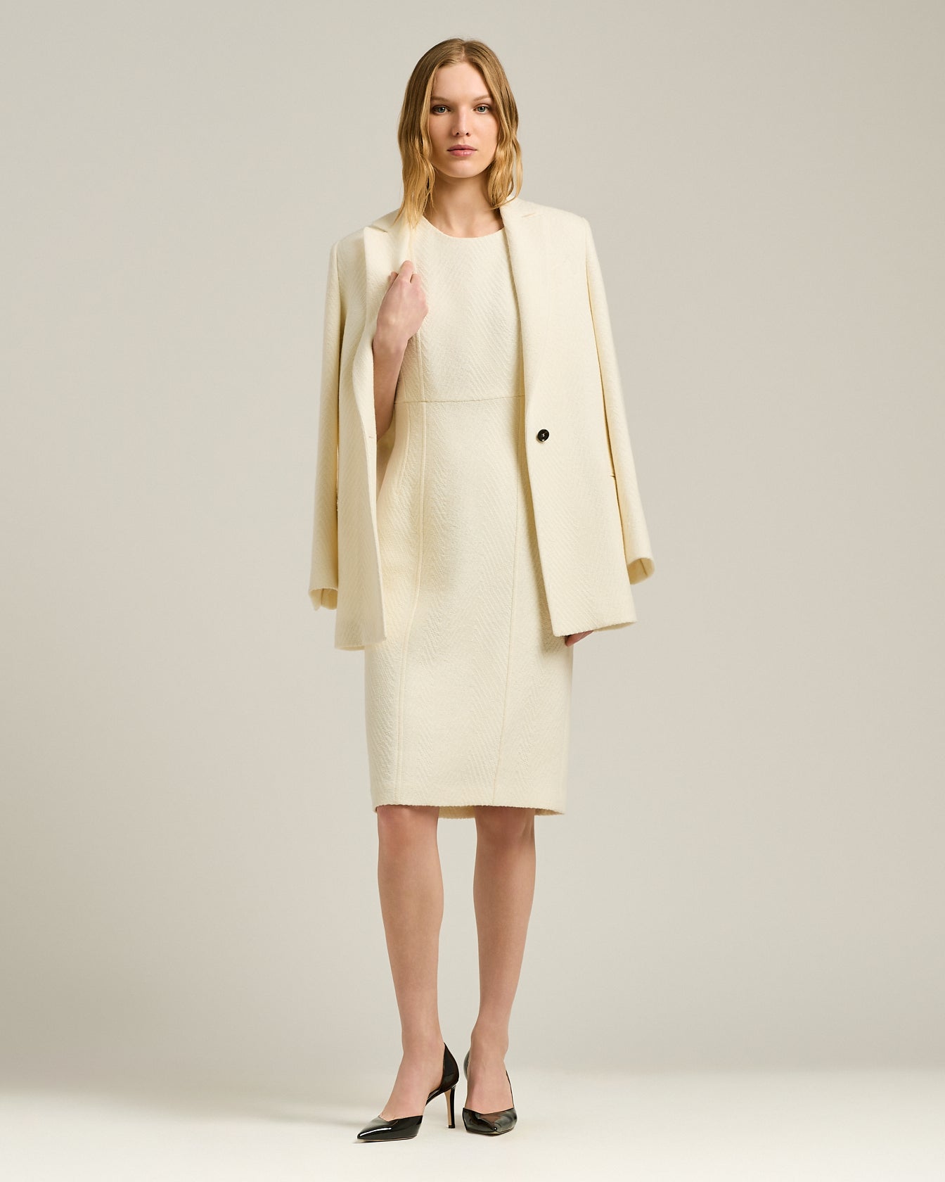 HERRINGBONE WOOL SHEATH DRESS