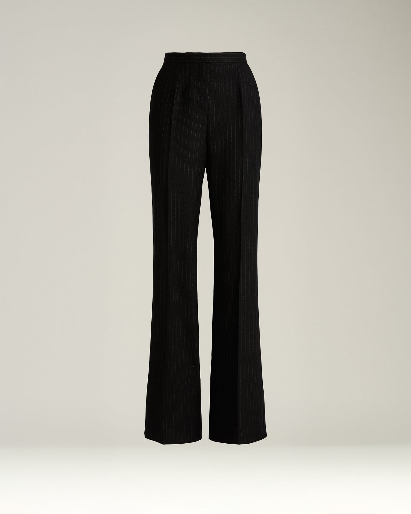 women's black wide-leg pinstripe worsted wool trousers