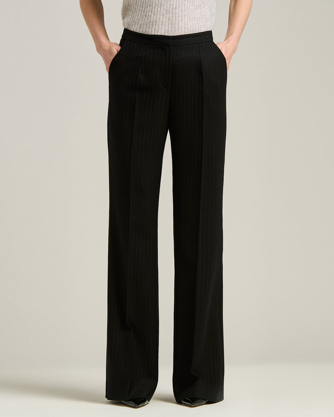 BLACK WIDE-LEG PINSTRIPE WORSTED WOOL TROUSERS
