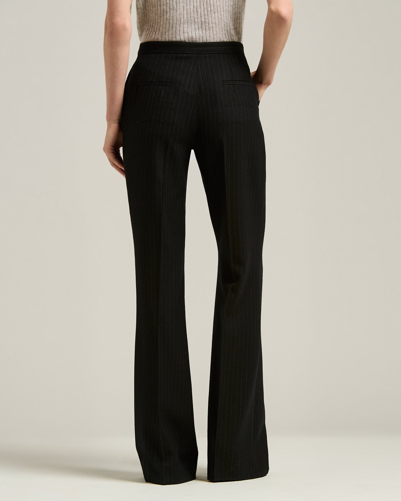 BLACK WIDE-LEG PINSTRIPE WORSTED WOOL TROUSERS