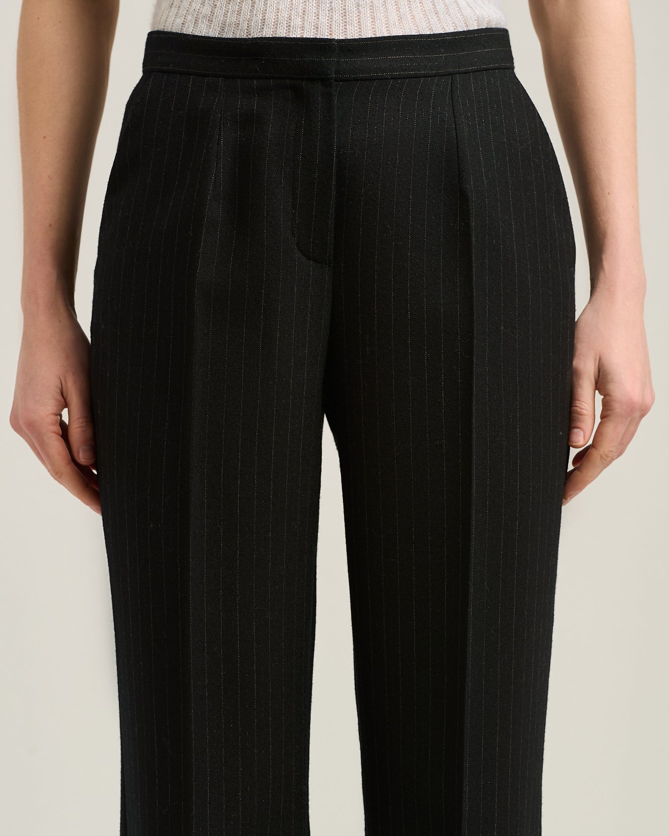 BLACK WIDE-LEG PINSTRIPE WORSTED WOOL TROUSERS