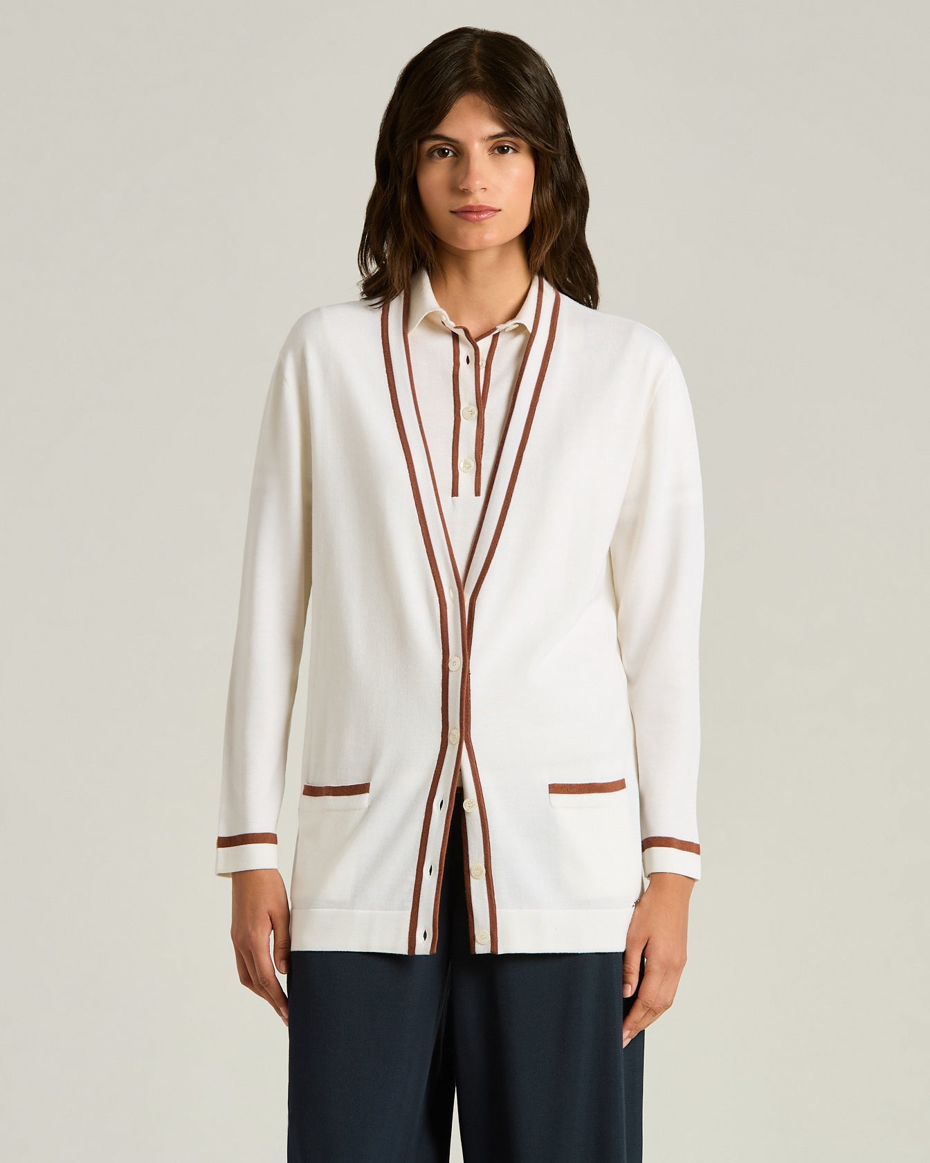 FINE WOOL CARDIGAN WITH CONTRASTING TRIMS