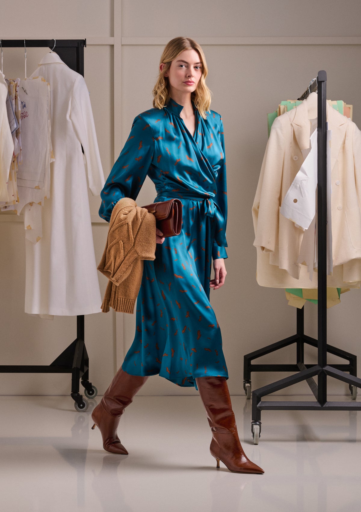 PURE SILK MIDI DRESS WITH ABSTRACT PRINT AND DRAPING