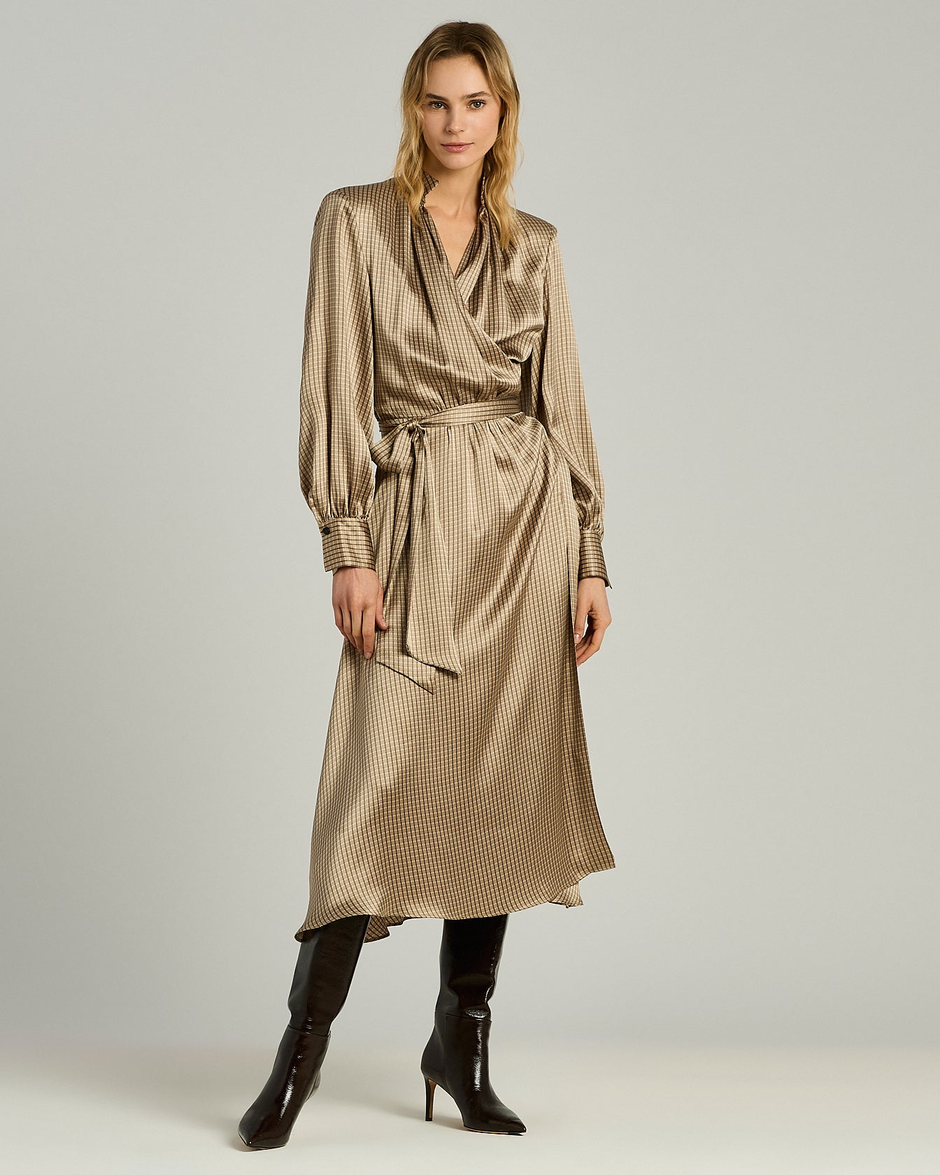 PURE SILK MIDI DRESS WITH GEOMETRIC MICRO PATTERN