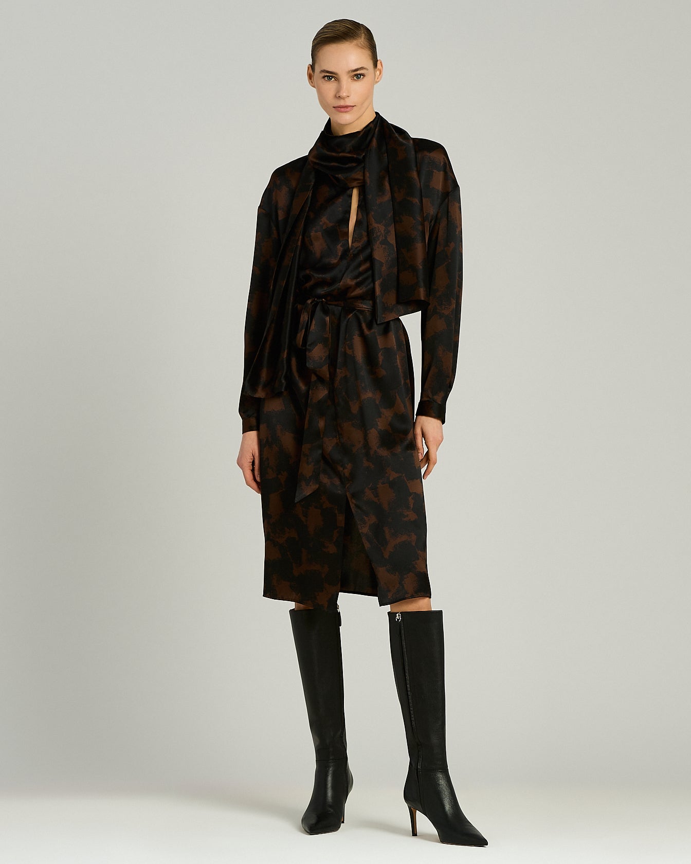 PRINTED SILK DRESS WITH SCARF DETAIL AND BELT