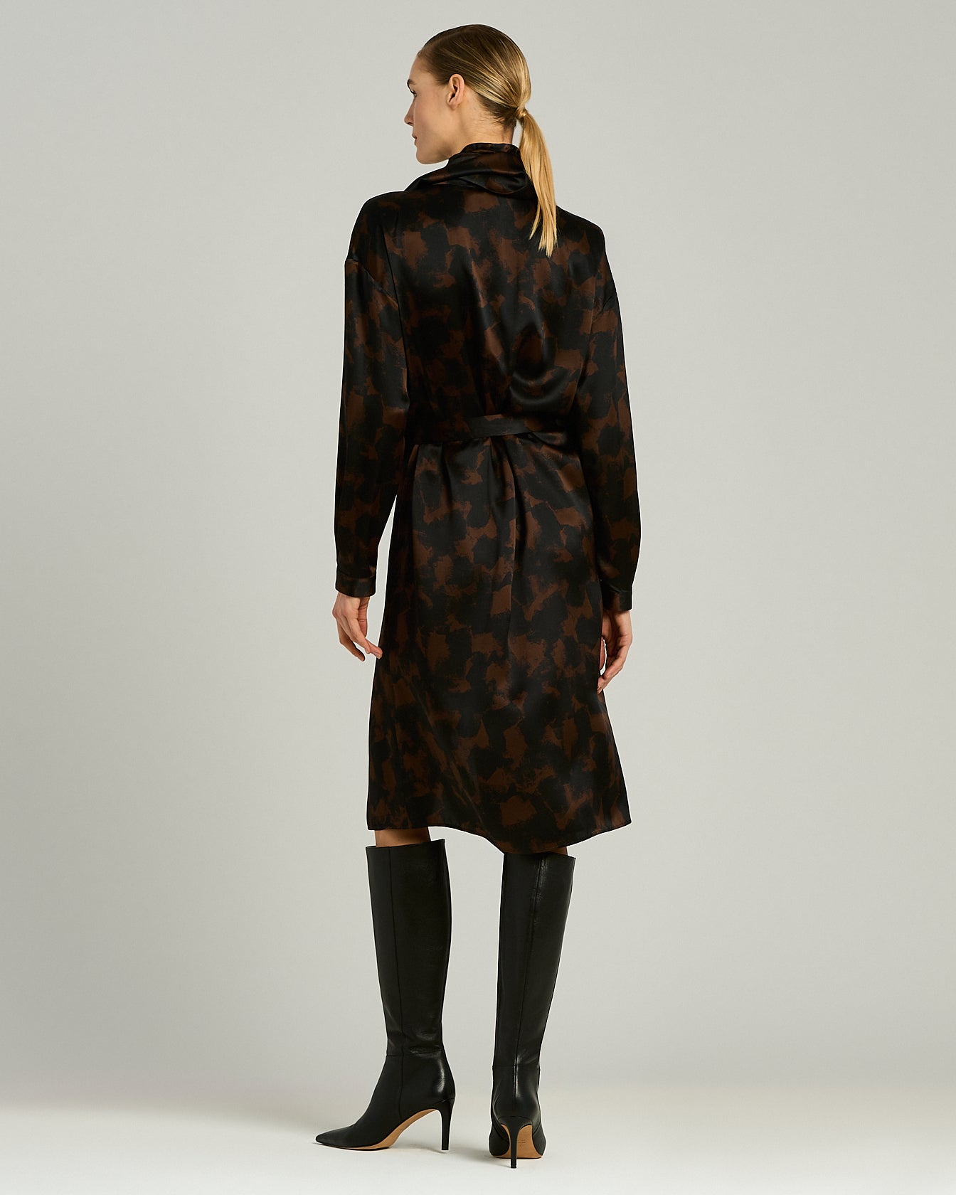 PRINTED SILK DRESS WITH SCARF DETAIL AND BELT