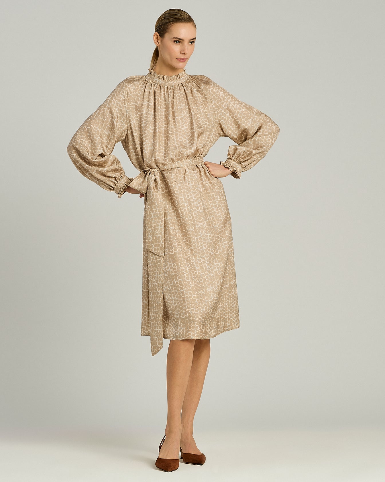 PURE SILK MIDI DRESS WITH TONE-ON-TONE JACQUARD PRINT