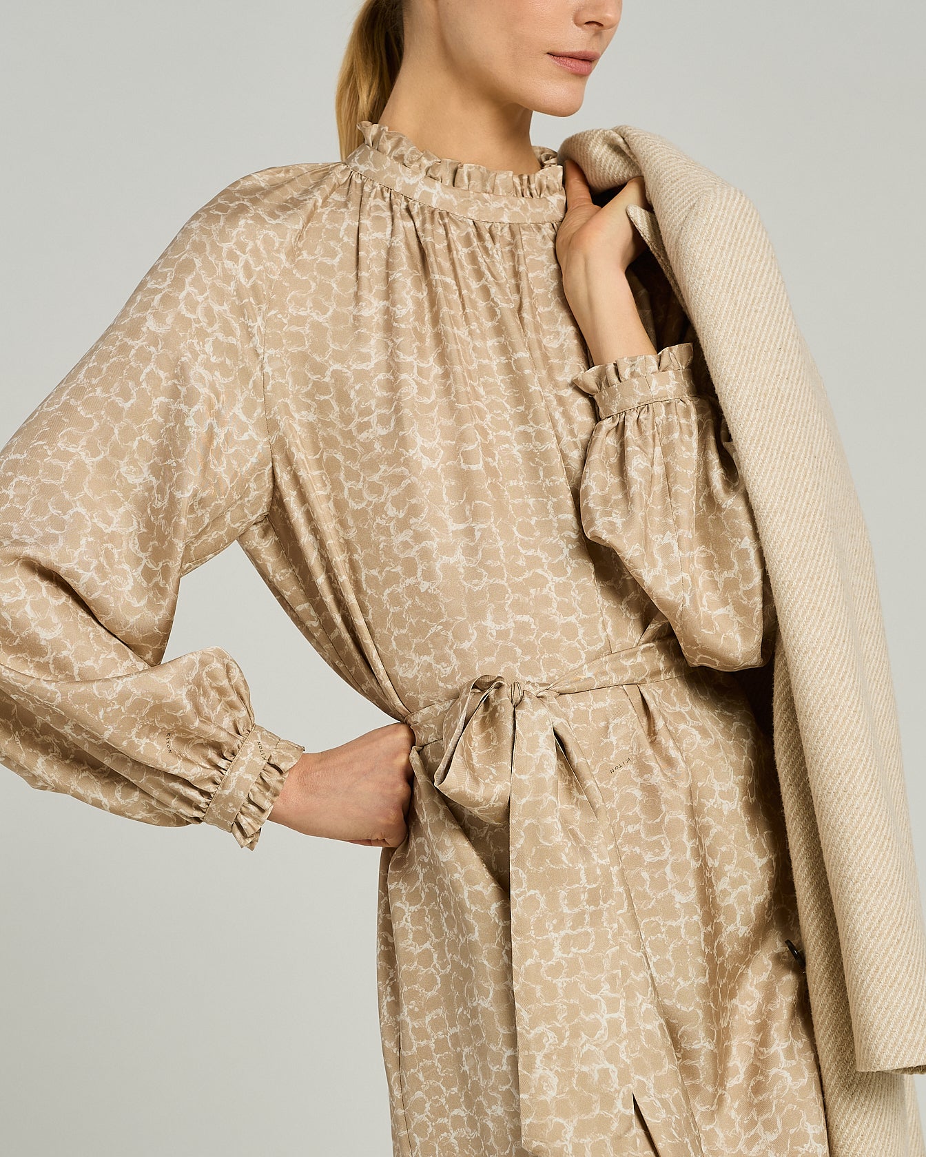 PURE SILK MIDI DRESS WITH TONE-ON-TONE JACQUARD PRINT