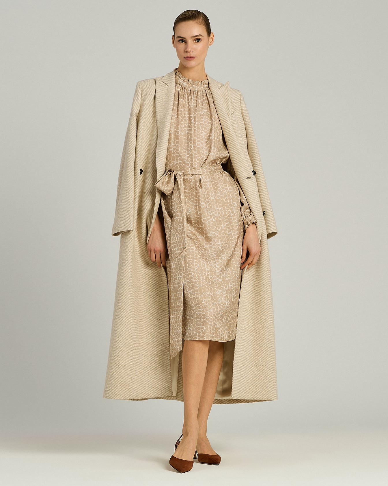 PURE SILK MIDI DRESS WITH TONE-ON-TONE JACQUARD PRINT