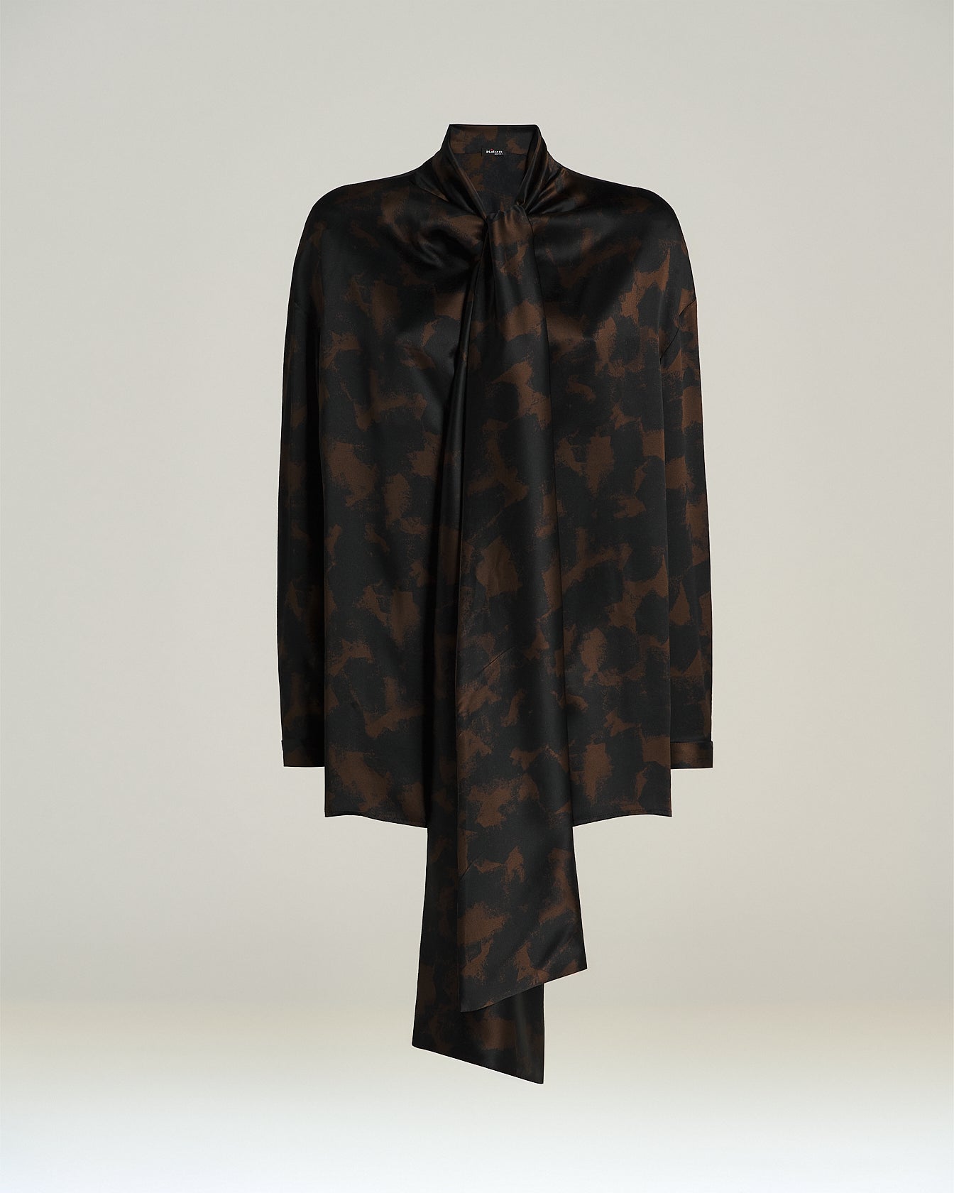 PURE SILK SHIRT WITH ABSTRACT PRINT AND INTEGRATED SCARF DETAIL