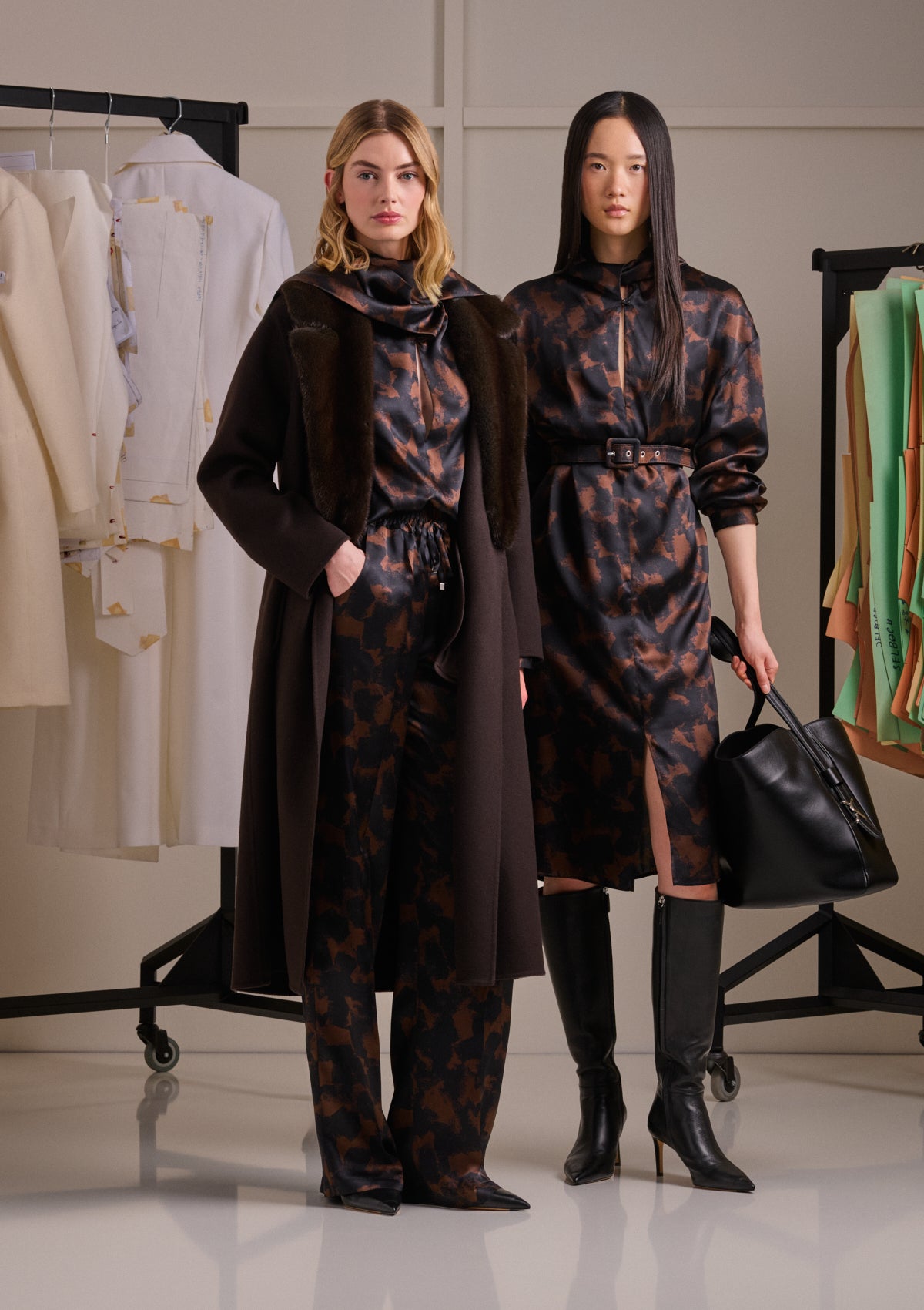 PURE SILK SHIRT WITH ABSTRACT PRINT AND INTEGRATED SCARF DETAIL