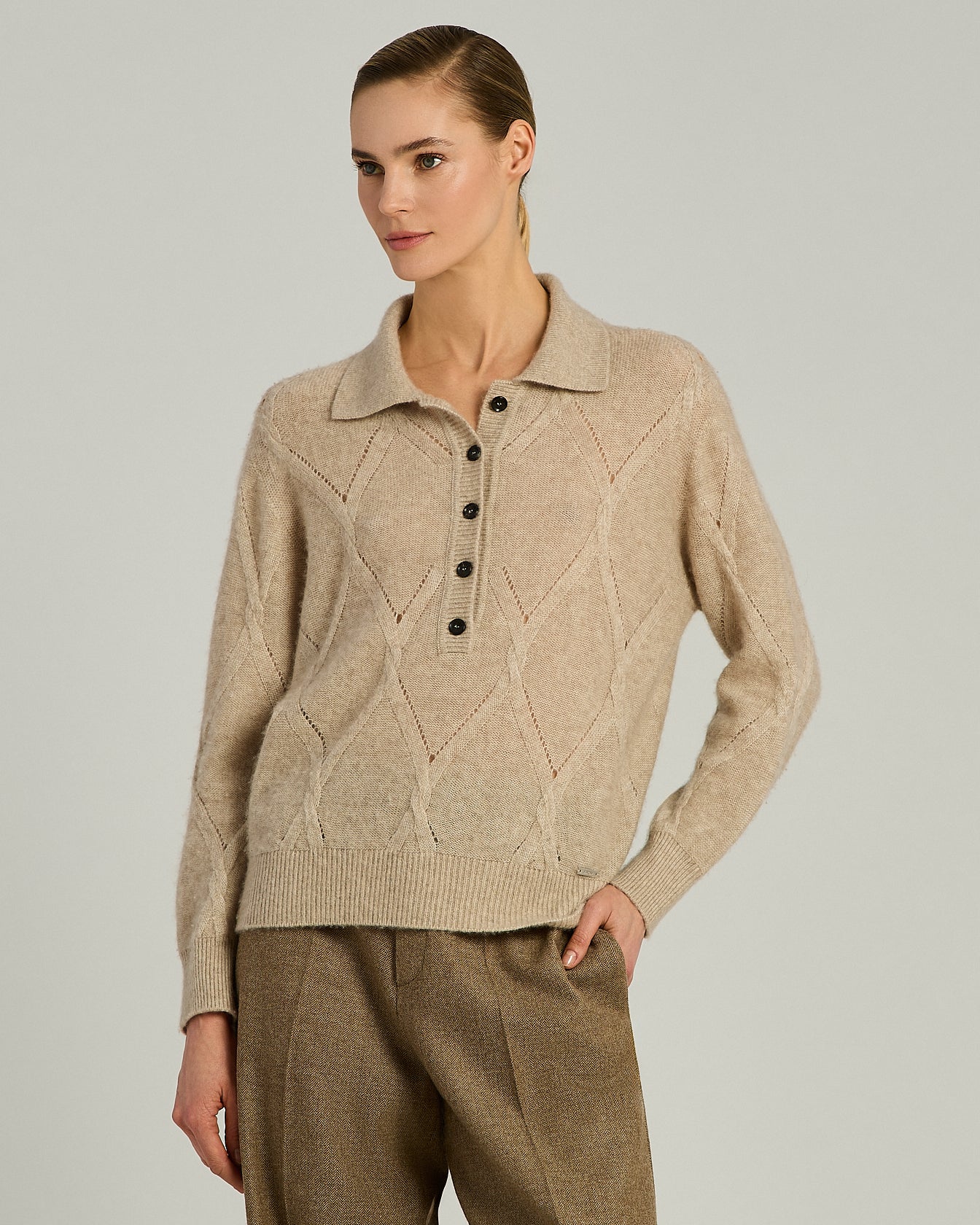 CASHMERE AND SILK POLO SHIRT WITH DIAMOND KNIT