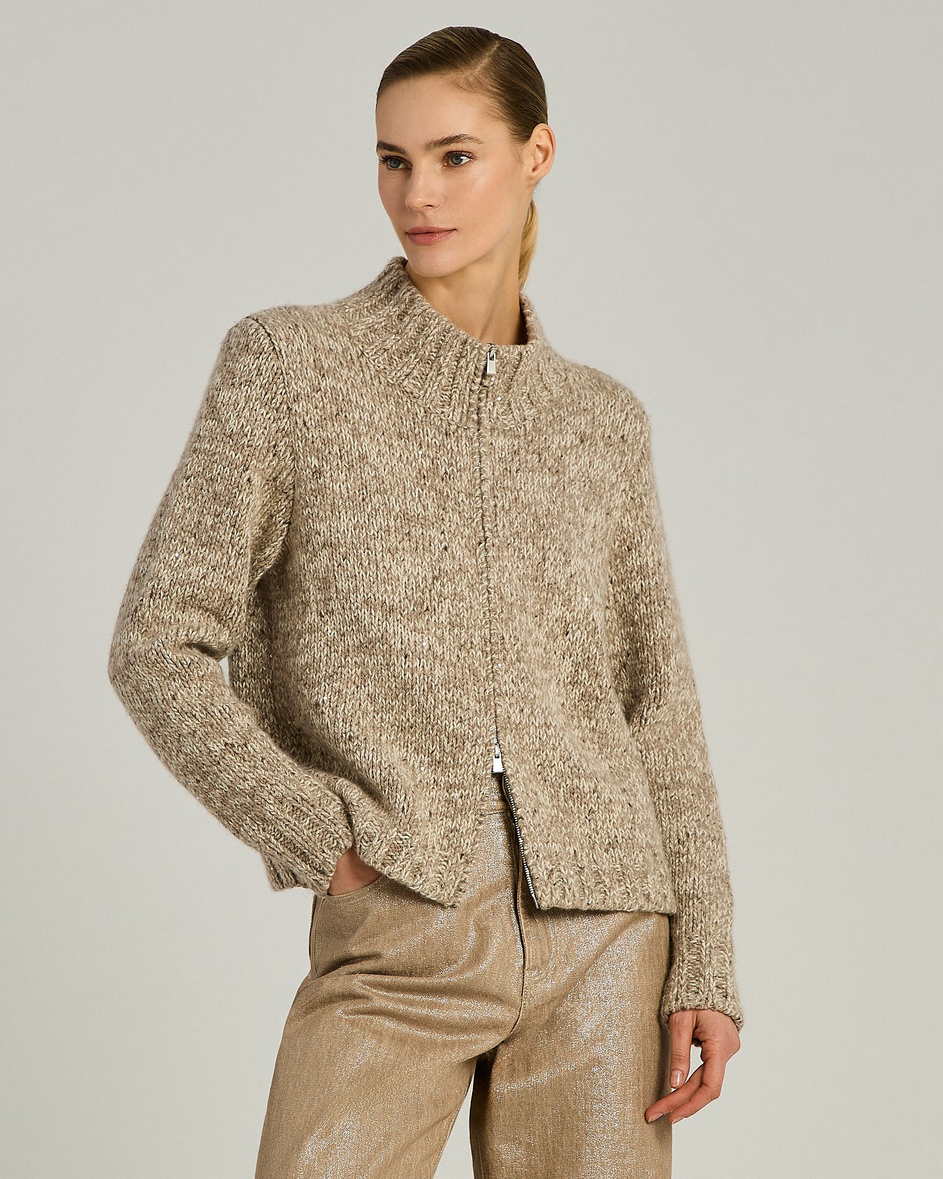 CASHMERE AND MÉLANGE WOOL ZIP CARDIGAN