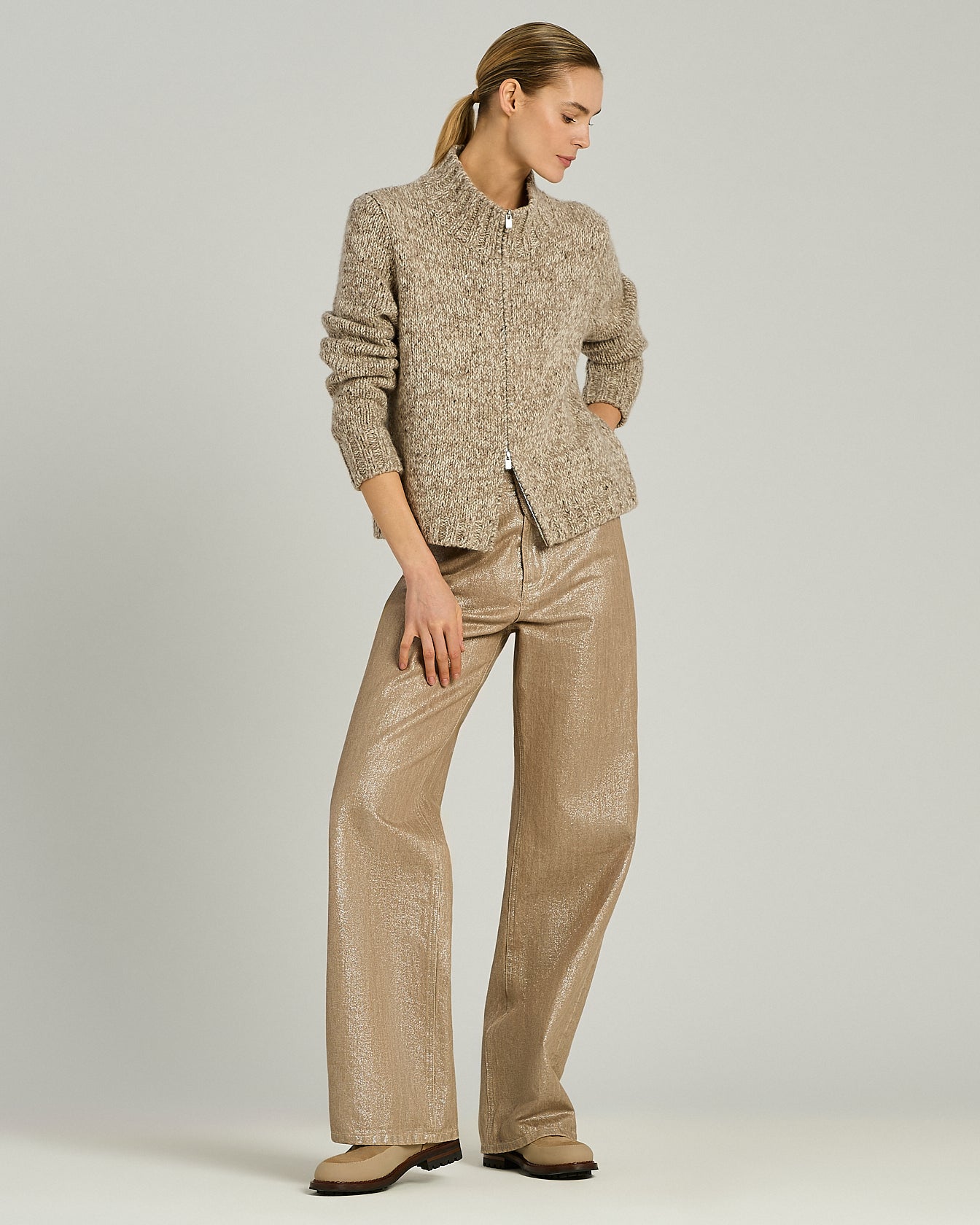 CASHMERE AND MÉLANGE WOOL ZIP CARDIGAN
