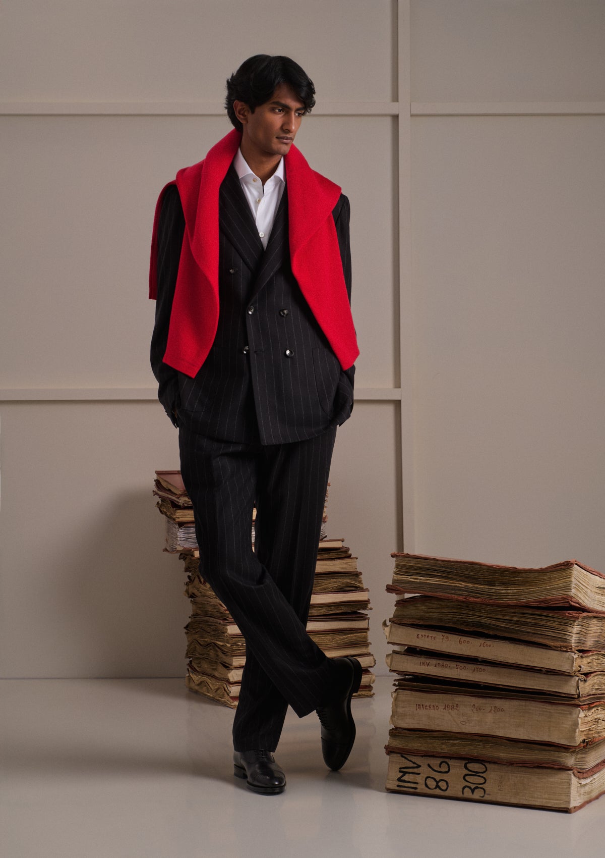 WOOL AND CASHMERE PINSTRIPE DOUBLE-BREASTED SUIT