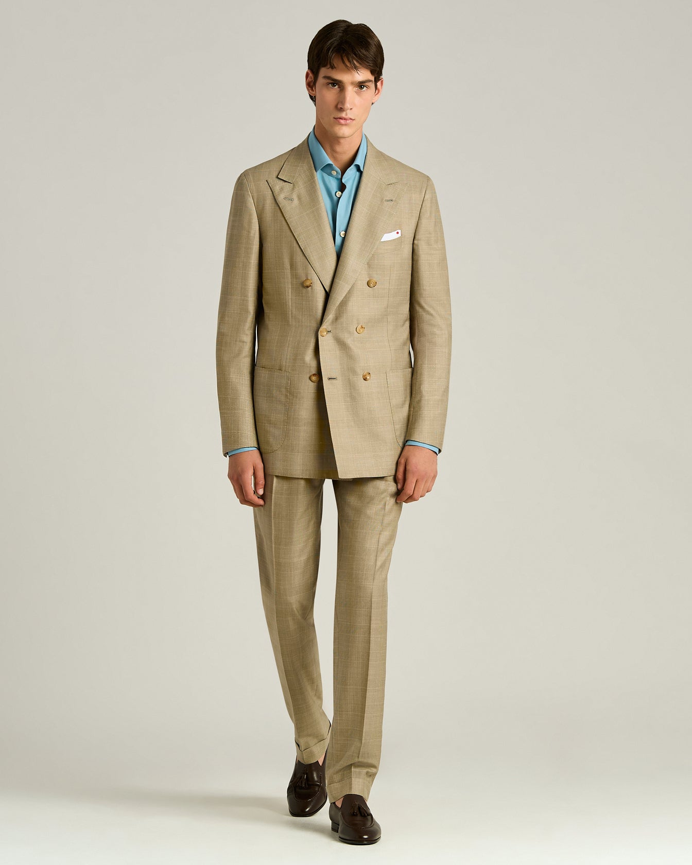 Men's brown double-breasted wool, silk and linen suit | Kiton
