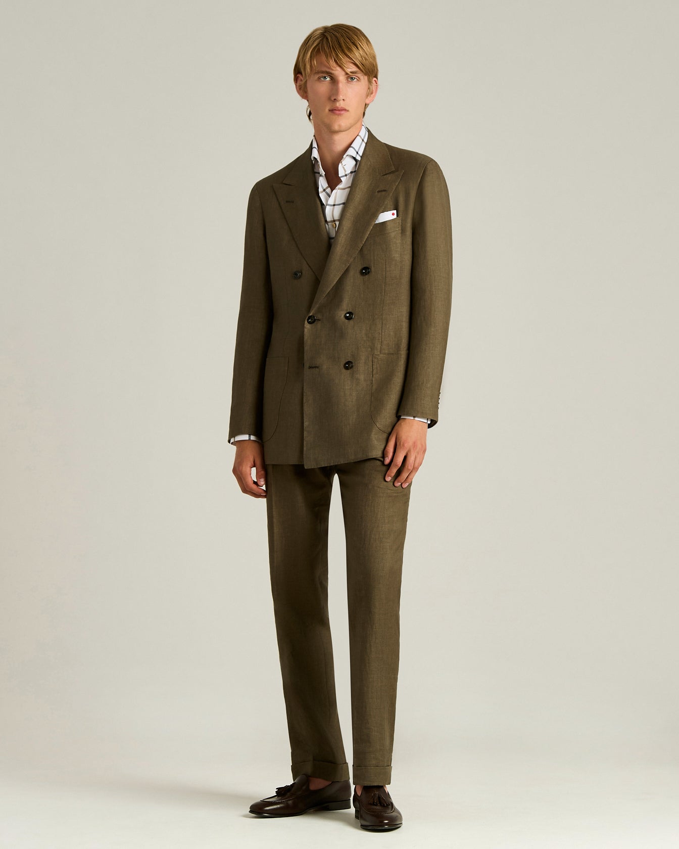 Men's brown linen and wool double-breasted suit