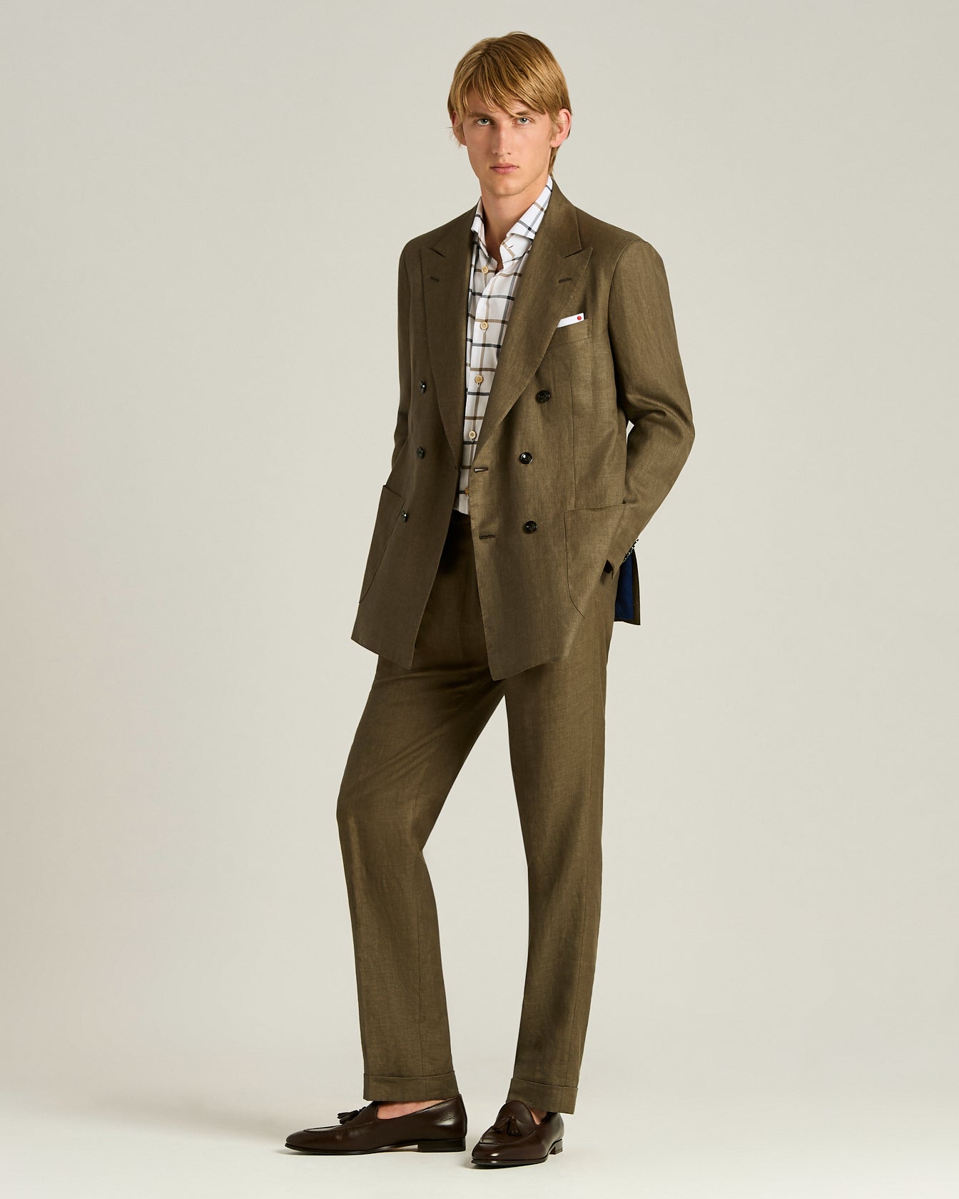 Men's brown linen and wool double-breasted suit | Kiton Men's brown linen and wool double-breasted suit | Kiton
