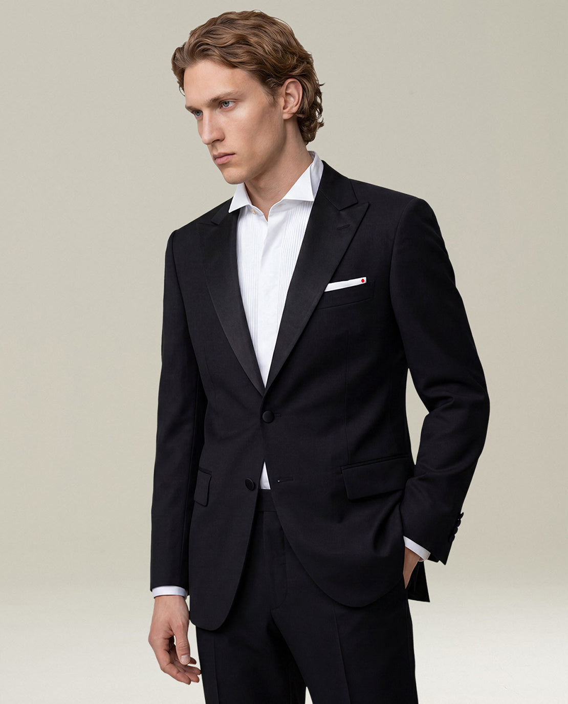 BLACK 14-MICRON WOOL TUXEDO WITH SATIN PEAK LAPELS