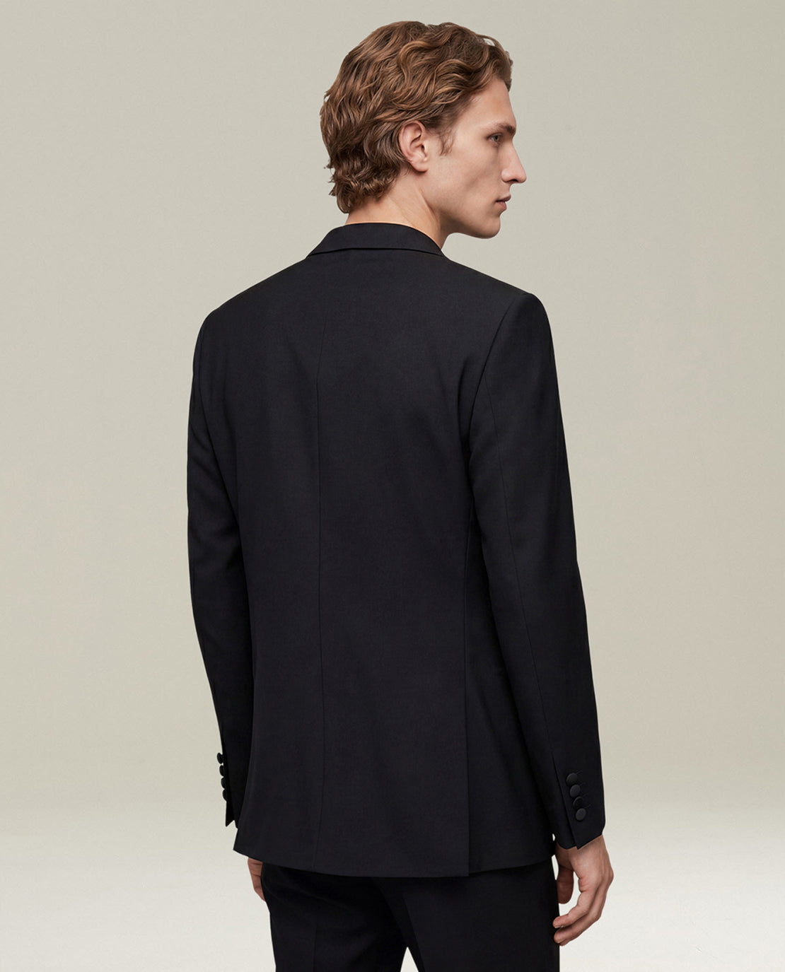 BLACK 14-MICRON WOOL TUXEDO WITH SATIN PEAK LAPELS