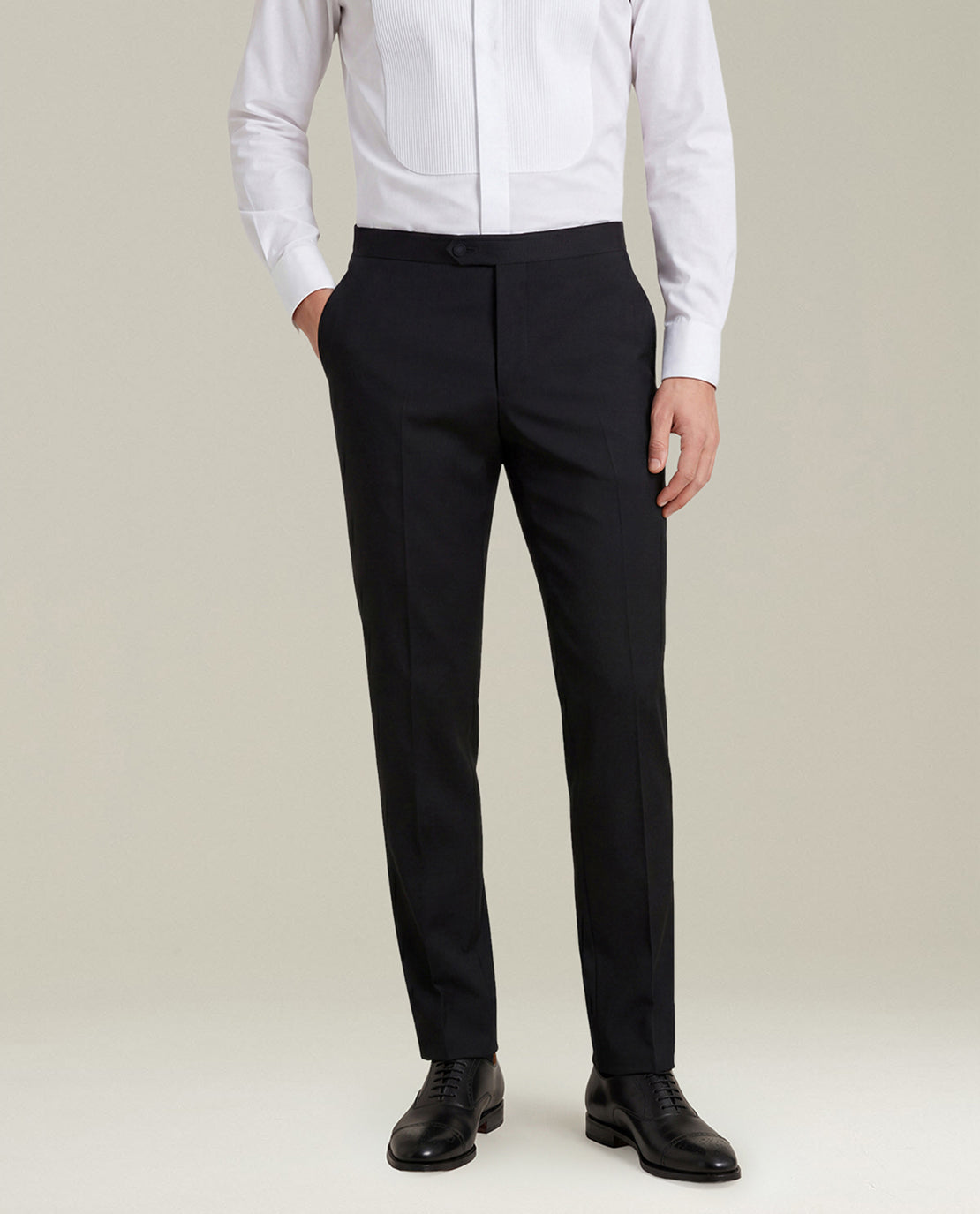 BLACK 14-MICRON WOOL TUXEDO WITH SATIN PEAK LAPELS