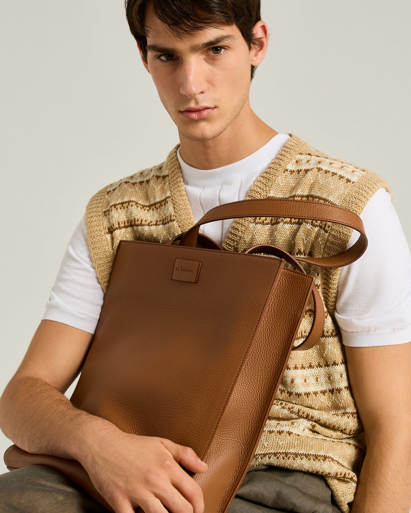 Men's deerskin brown leather handcrafted tote bag | Kiton
