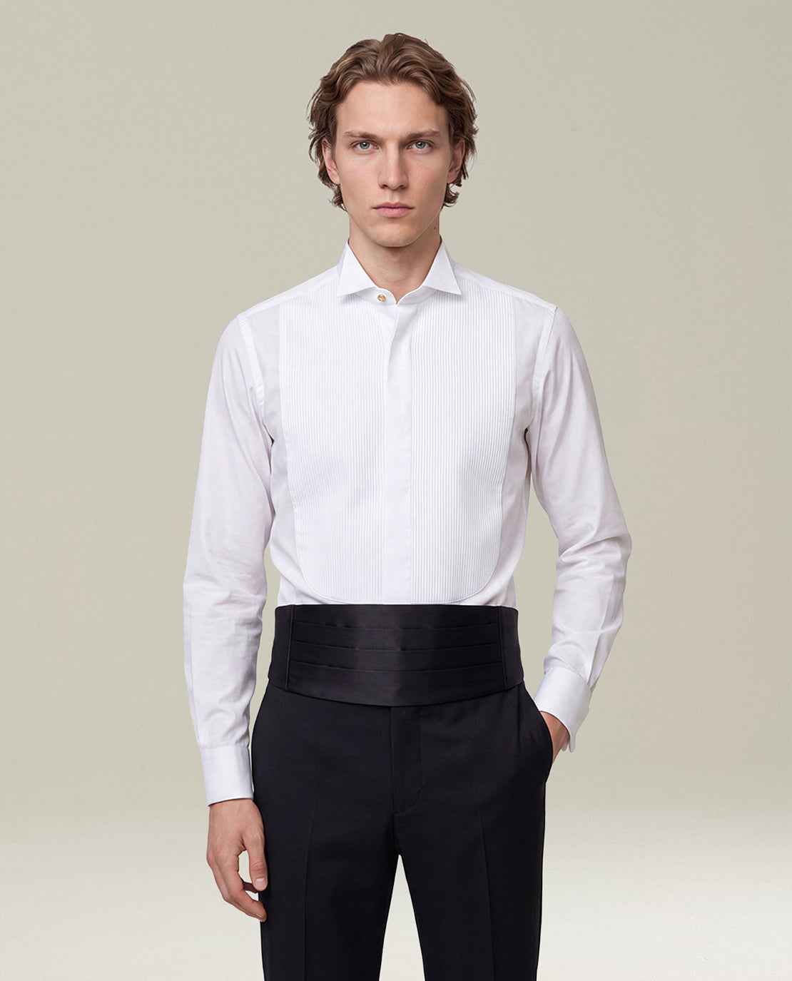 WHITE STRETCH-COTTON TUXEDO SHIRT WITH PLEATED BIB