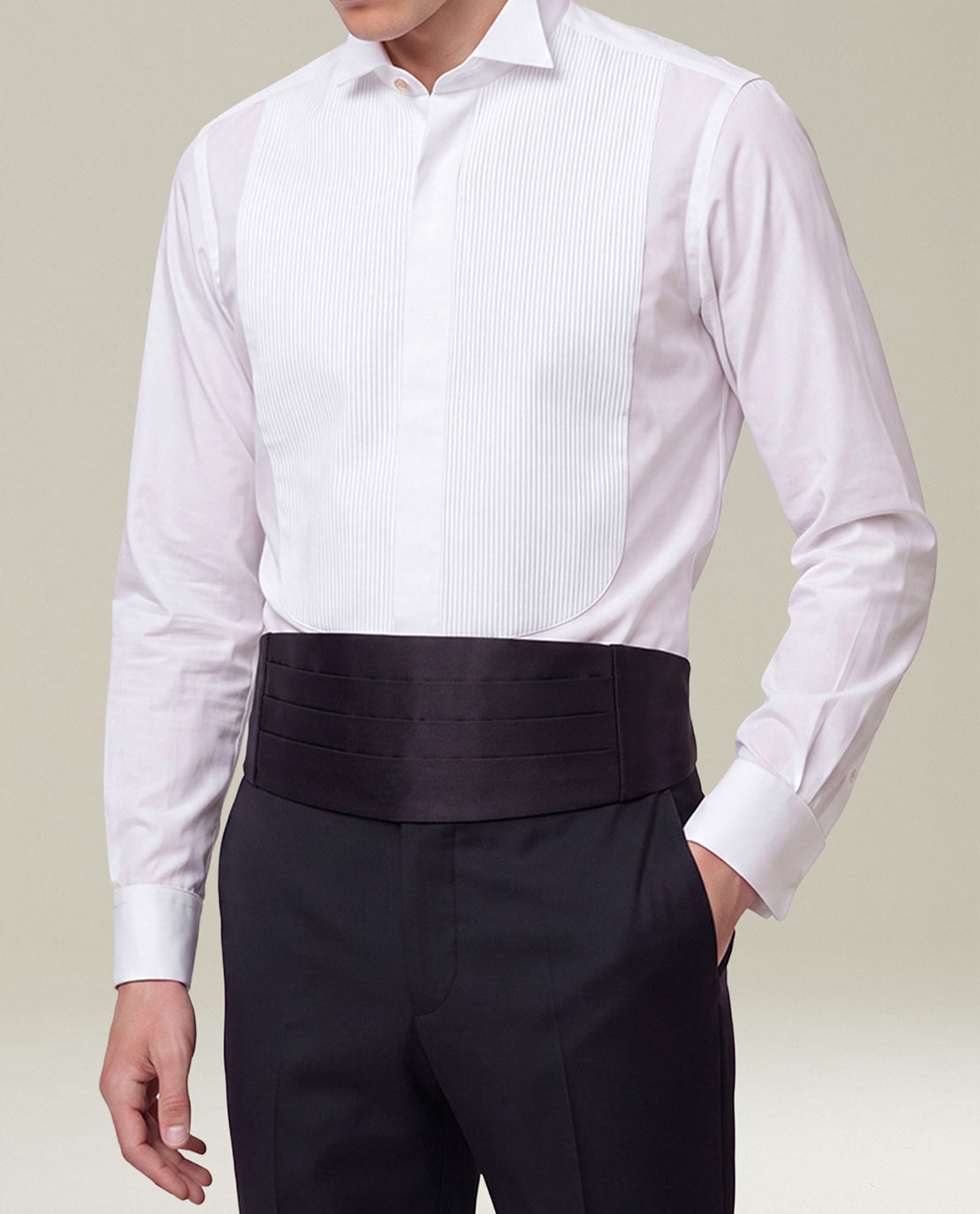 WHITE STRETCH-COTTON TUXEDO SHIRT WITH PLEATED BIB