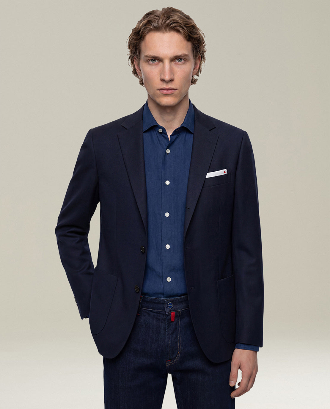 BLUE PURE CASHMERE JACKET WITH AD SHOULDER CONSTRUCTION