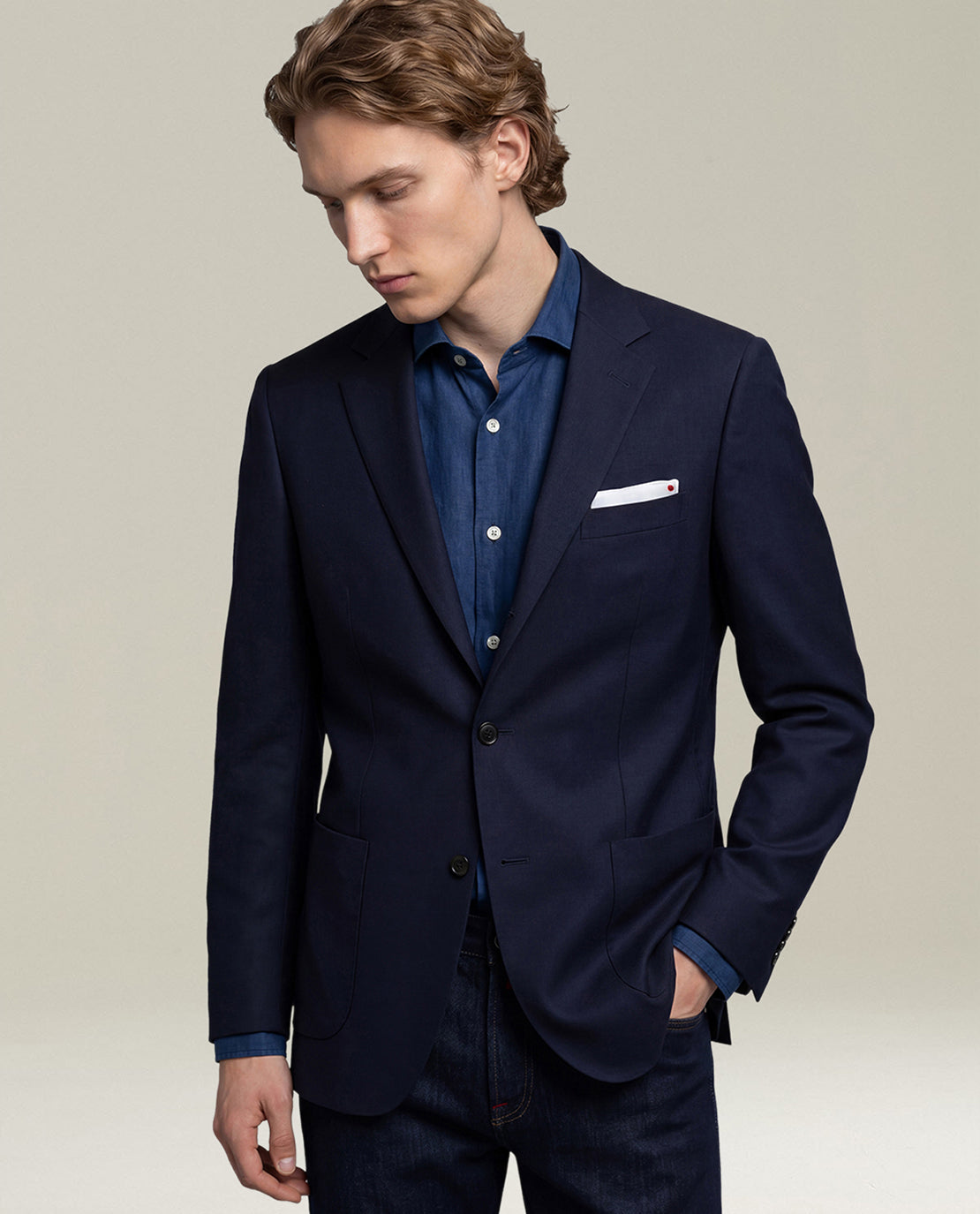 BLUE PURE CASHMERE JACKET WITH AD SHOULDER CONSTRUCTION