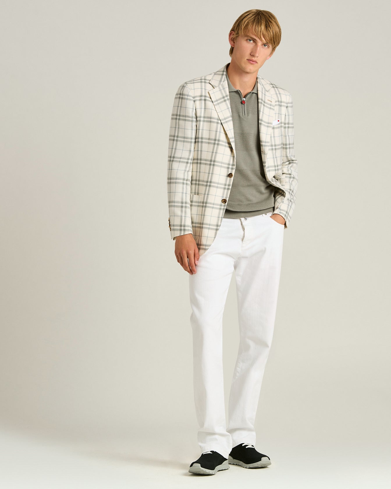 CASHMERE, SILK AND LINEN TAILORED CHECKED JACKET