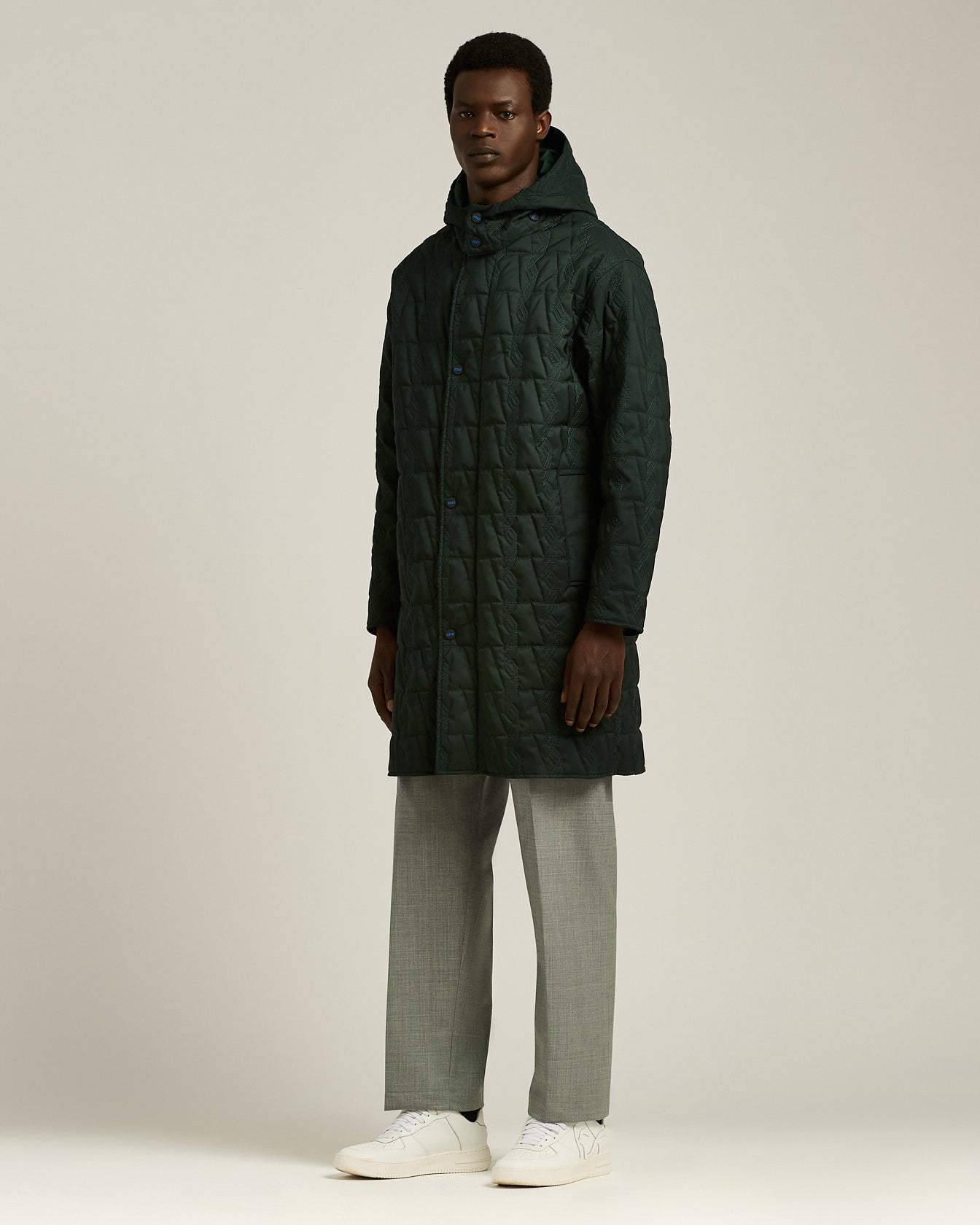 QUILTED TECHNICAL OVERCOAT WITH HOOD