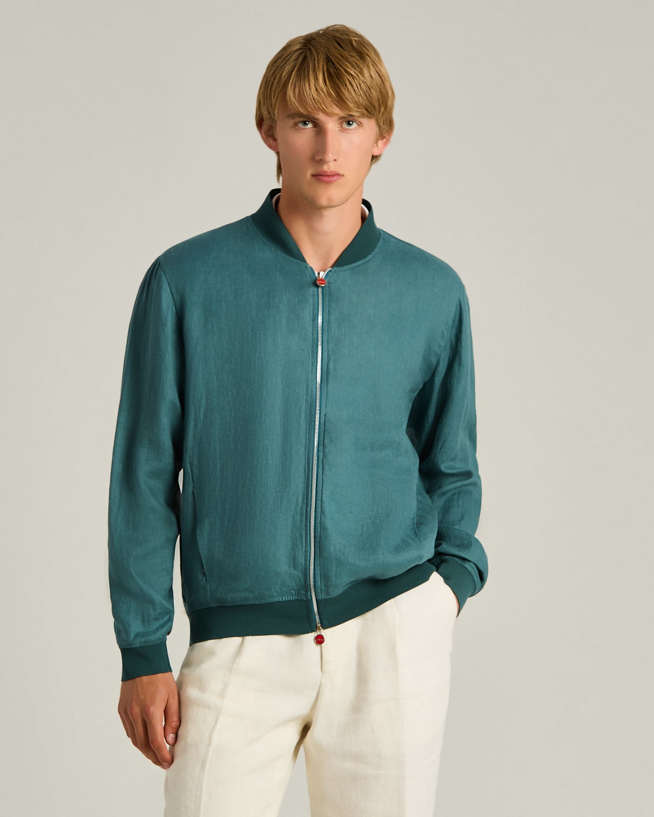 Men's cornflower blue linen zip jacket regular fit | Kiton