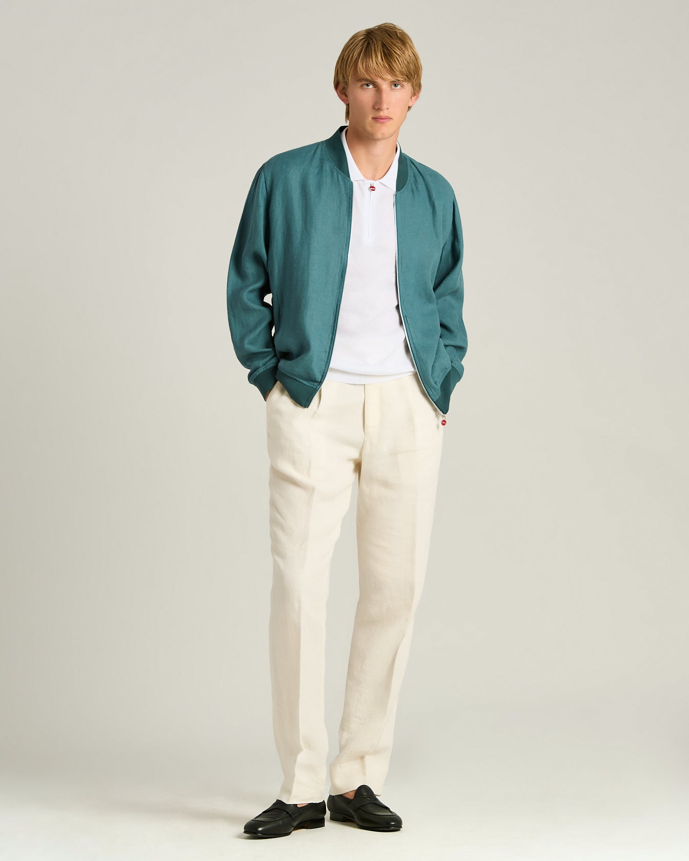 Men's cornflower blue linen zip jacket regular fit | Kiton