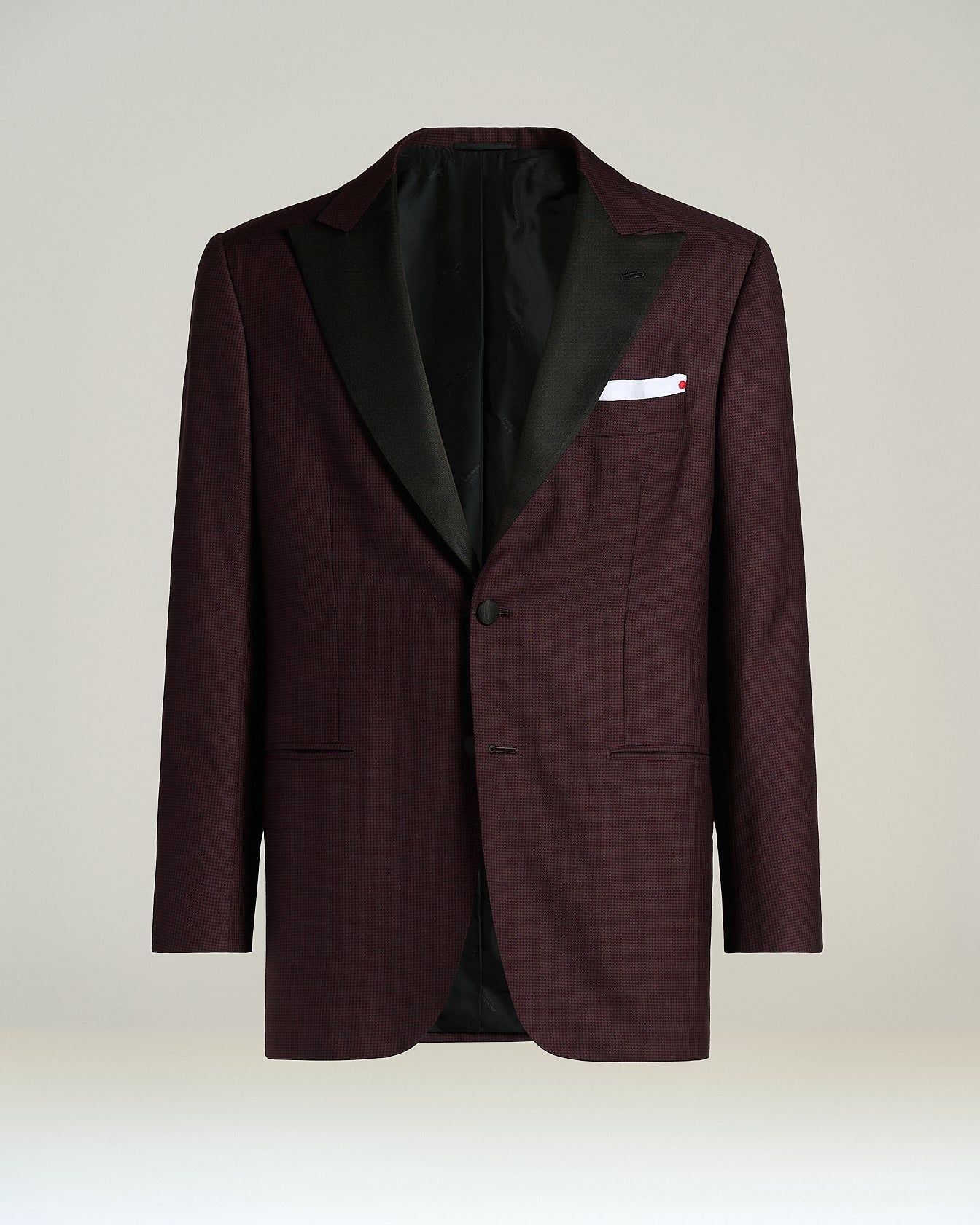 CASHMERE TUXEDO JACKET WITH BURGUNDY MICRO PATTERN AND SATIN LAPELS