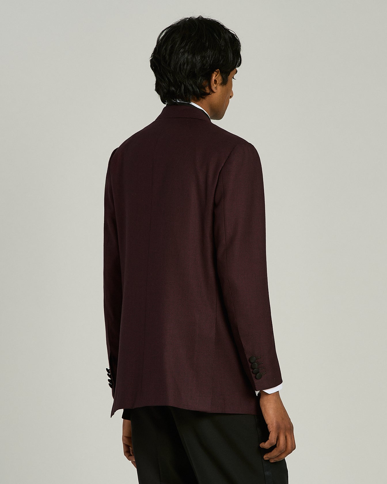 CASHMERE TUXEDO JACKET WITH BURGUNDY MICRO PATTERN AND SATIN LAPELS