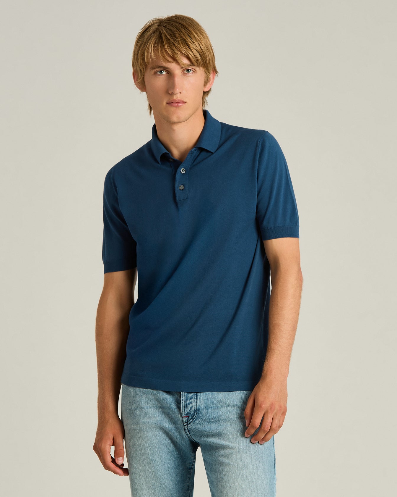 Pure Cotton Blue Polo Shirt Avio with Mother of Pearl Buttons2